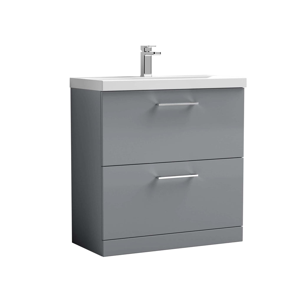 Sleek grey bathroom vanity unit with integrated sink and modern chrome handles, ideal for contemporary bathroom designs. Perfect for bathroom storage and organisation.