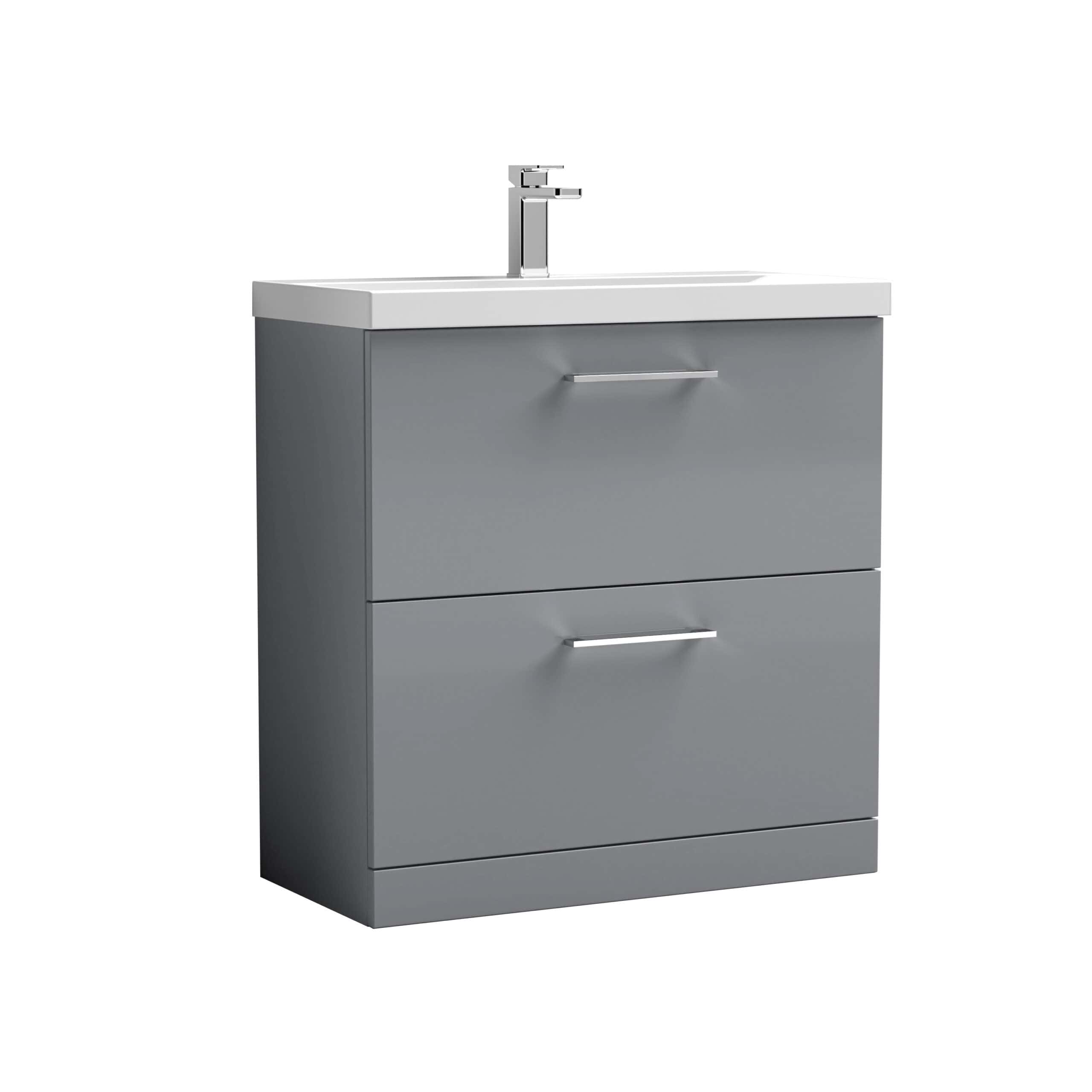 Sleek grey bathroom vanity unit with integrated sink and modern chrome handles, ideal for contemporary bathroom designs. Perfect for bathroom storage and organisation.