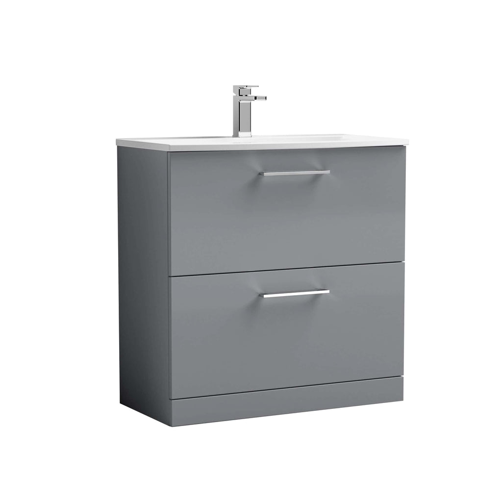 Sleek grey bathroom vanity with integrated sink and modern chrome handles, perfect for contemporary bathroom design and storage.
