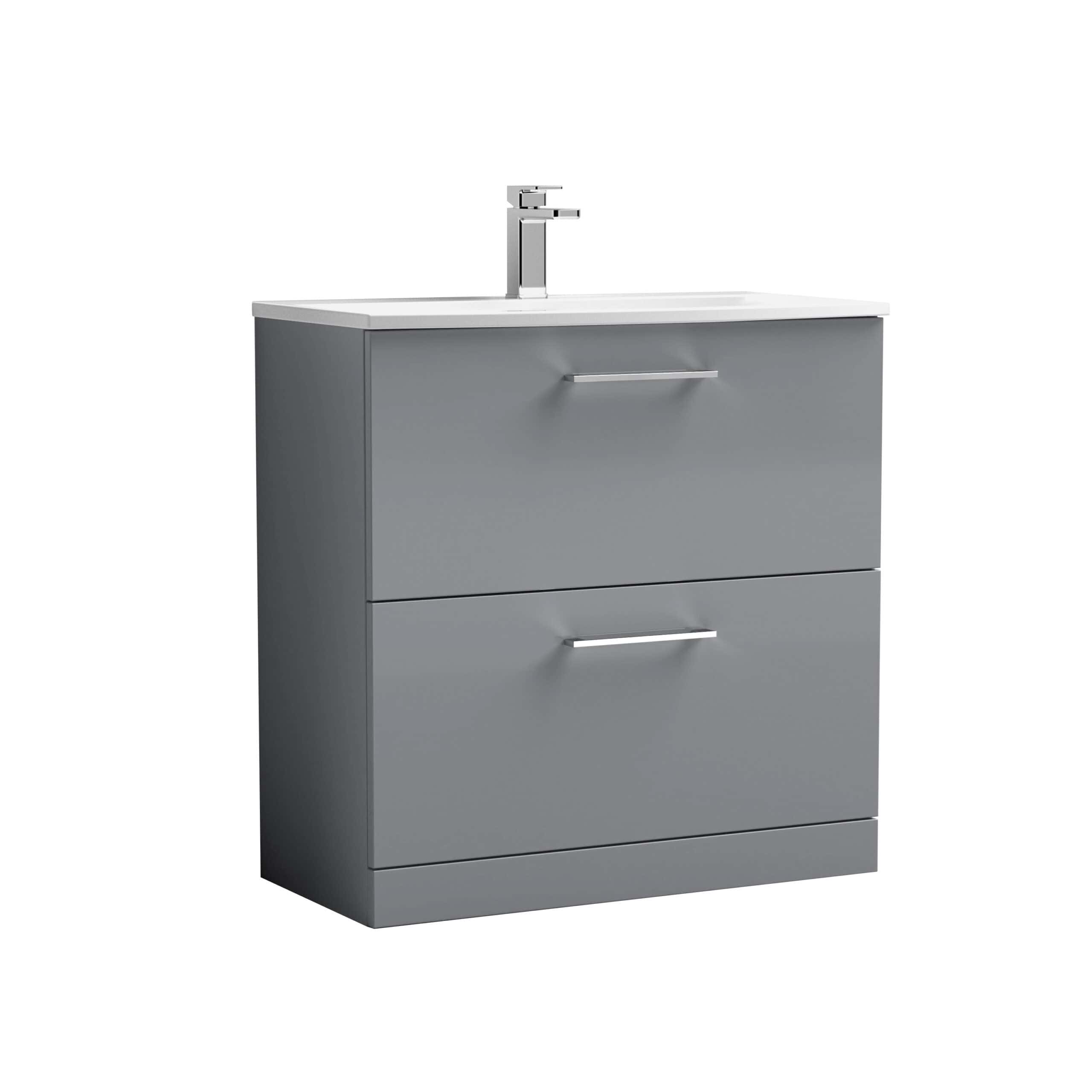 Sleek grey bathroom vanity with integrated sink and modern chrome handles, perfect for contemporary bathroom design and storage.