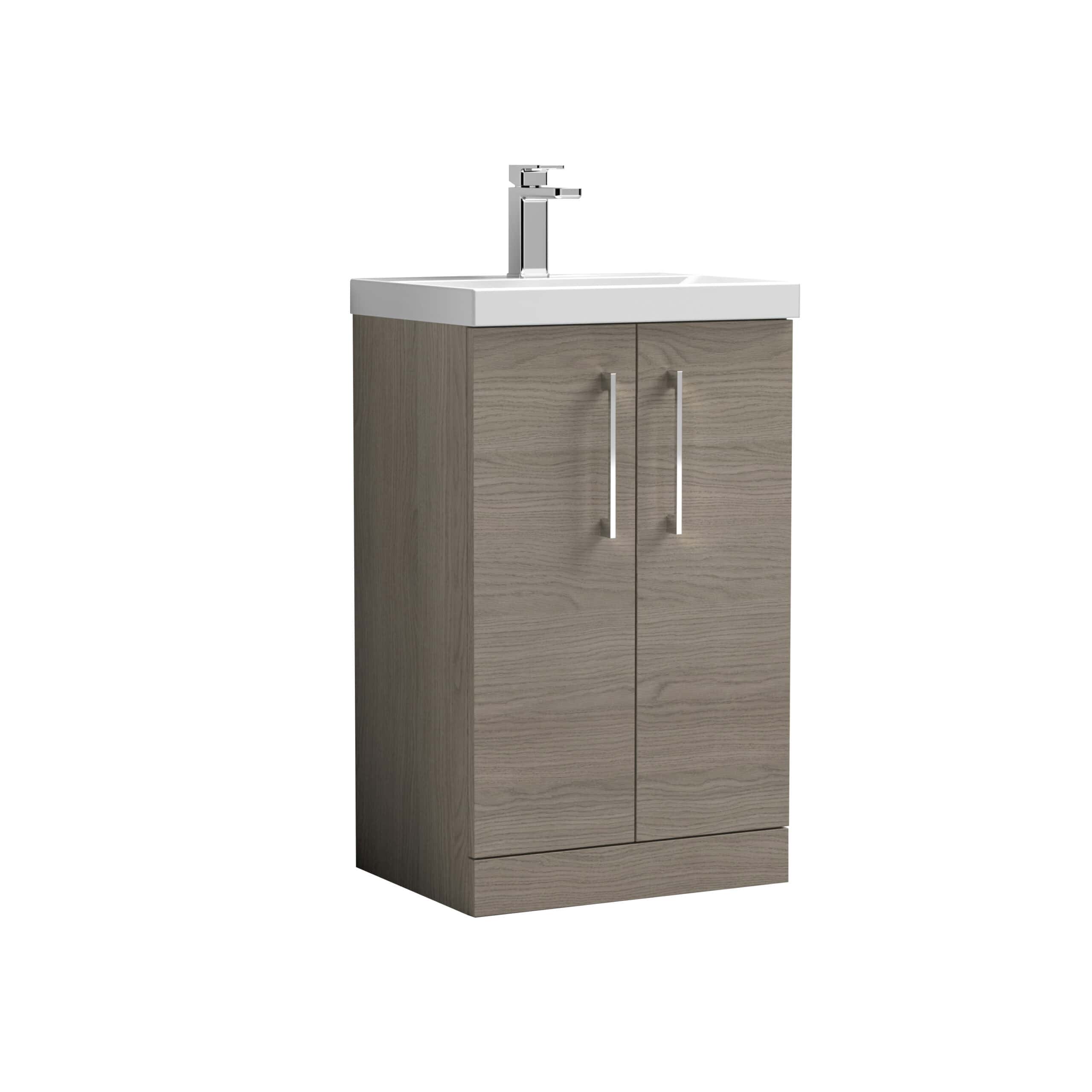 Modern bathroom vanity with a sleek white countertop and a contemporary chrome faucet, featuring a wooden base cabinet with stylish handles, perfect for stylish bathroom upgrades.