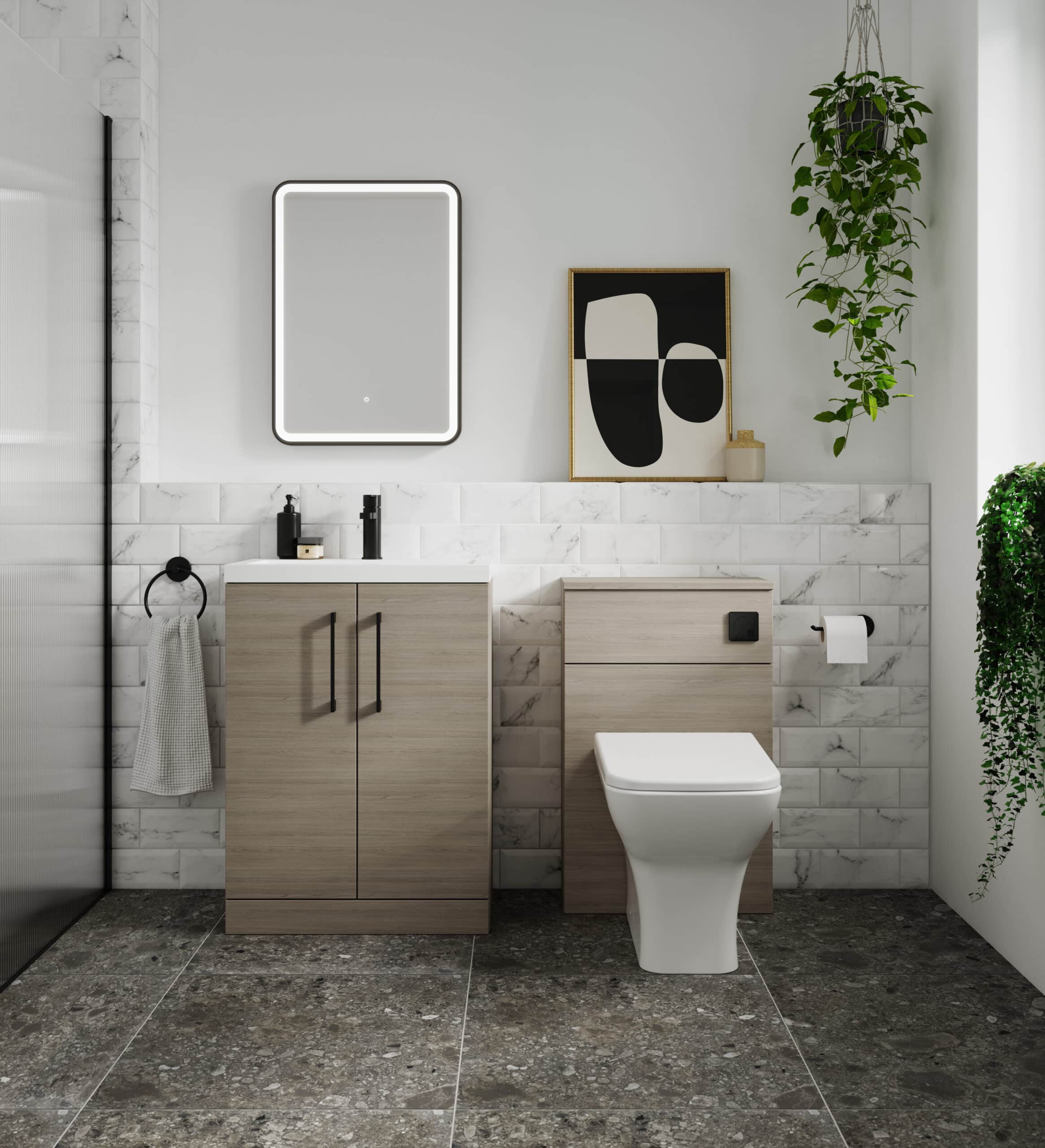 Modern minimalist bathroom with wooden vanity, wall-mounted toilet, marble tiles, and lush green plants, showcasing stylish bathroom design and contemporary fixtures.