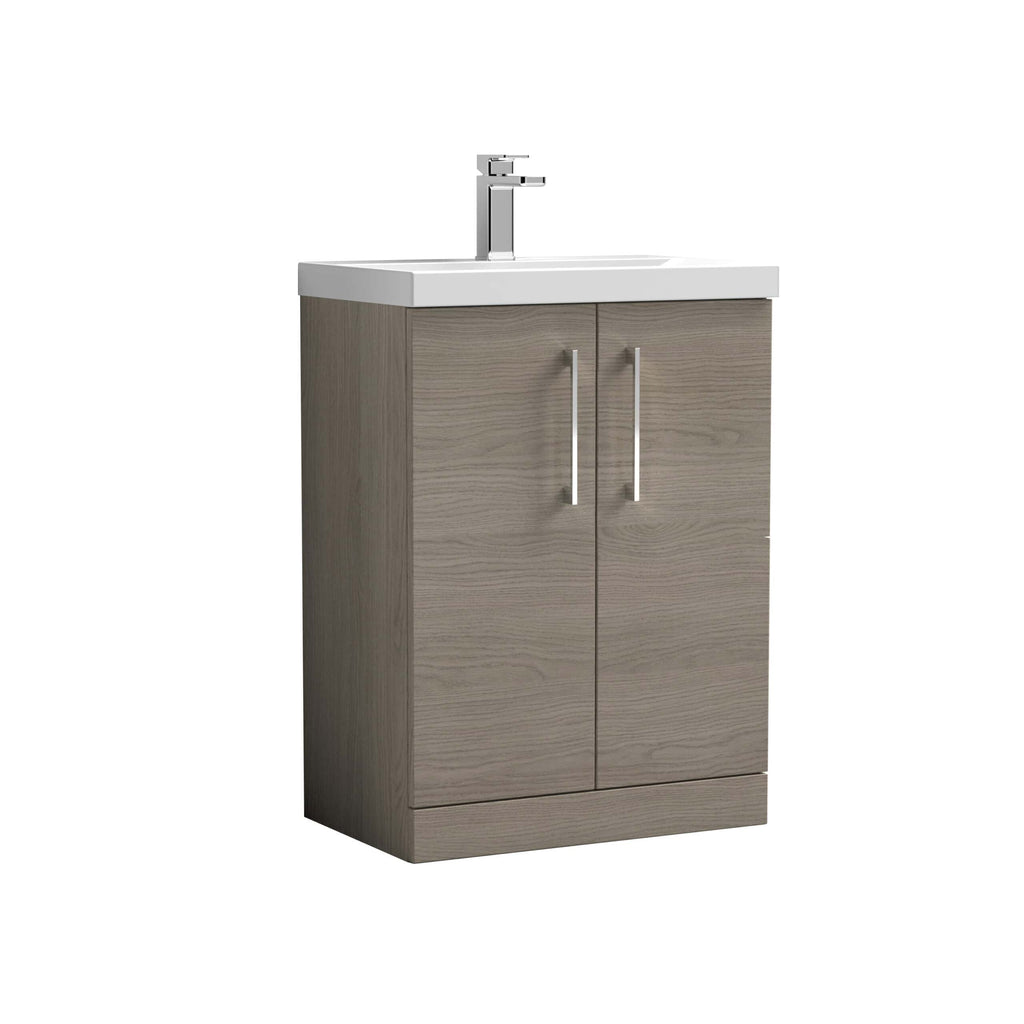 Contemporary bathroom vanity with a beige wood finish and modern chrome handles, fitted with a white ceramic sink and sleek faucet, ideal for stylish bathroom upgrades.