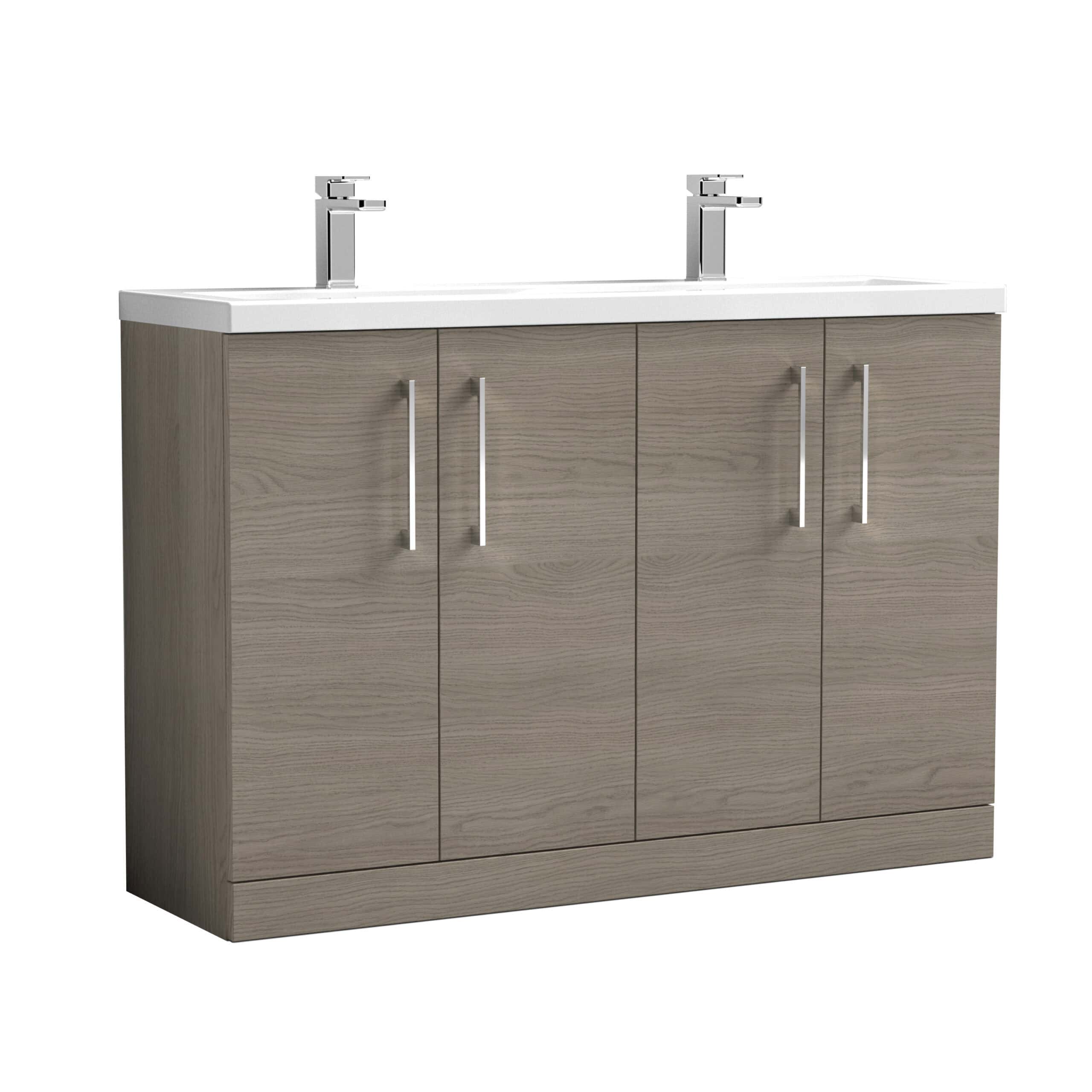 Modern double bathroom vanity unit with two sinks and sleek chrome taps, featuring light wood finish cabinet doors for contemporary bathroom design.
