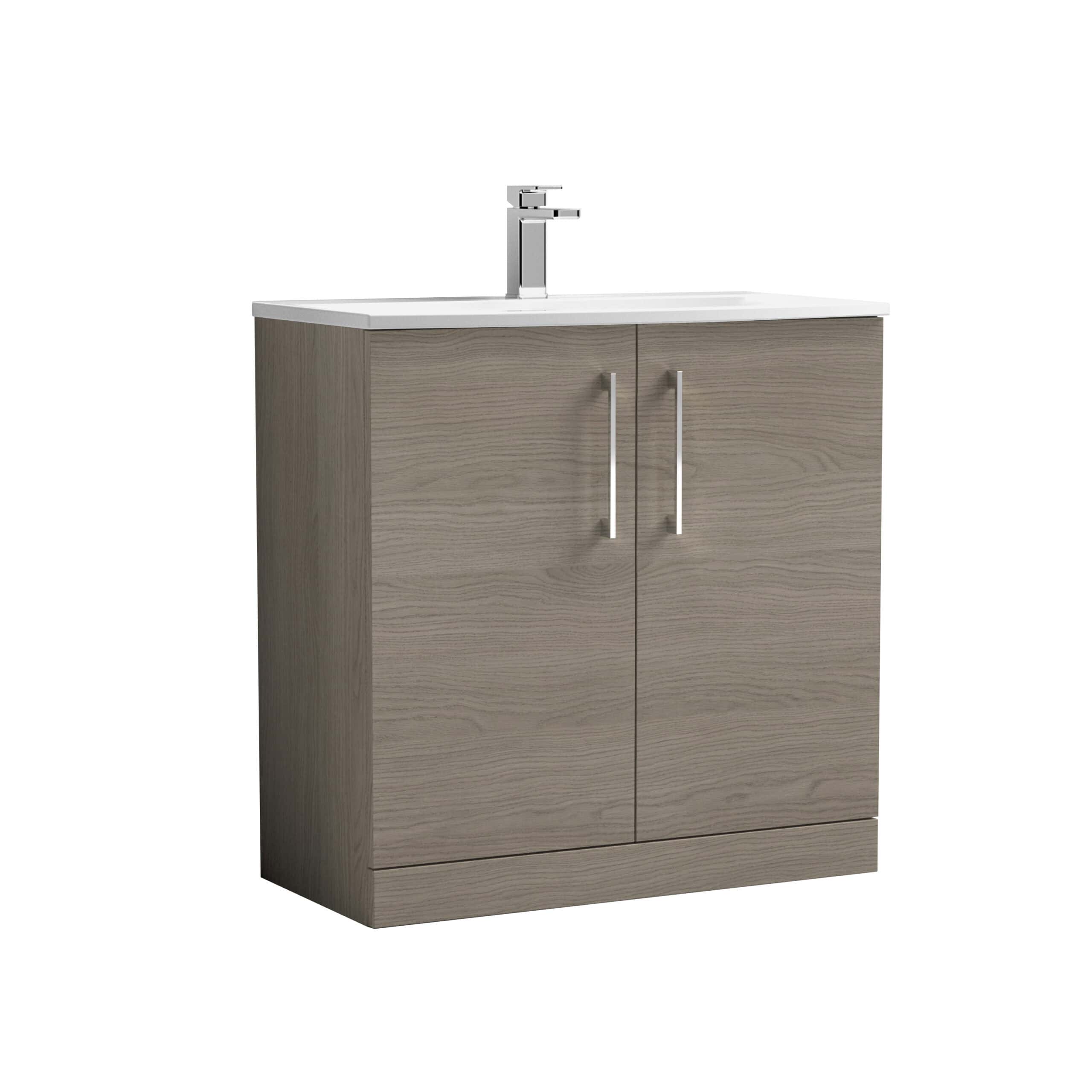 Sleek modern bathroom vanity unit with a integrated sink and chrome handles, ideal for contemporary bathroom designs in UK homes.