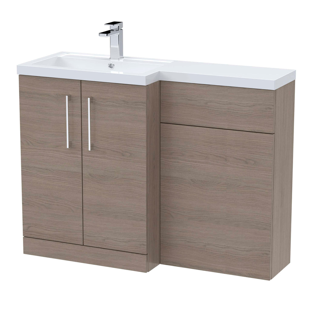 Modern bathroom vanity unit with integrated sink, wooden cabinet doors, and spacious storage drawers, ideal for contemporary bathrooms seeking functionality and style.