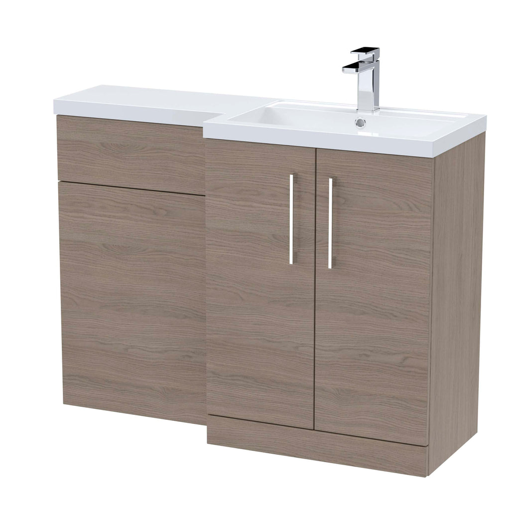 Modern bathroom vanity unit with integrated sink and chrome tap, featuring wood grain finish and sleek silver handles, ideal for contemporary bathroom designs.