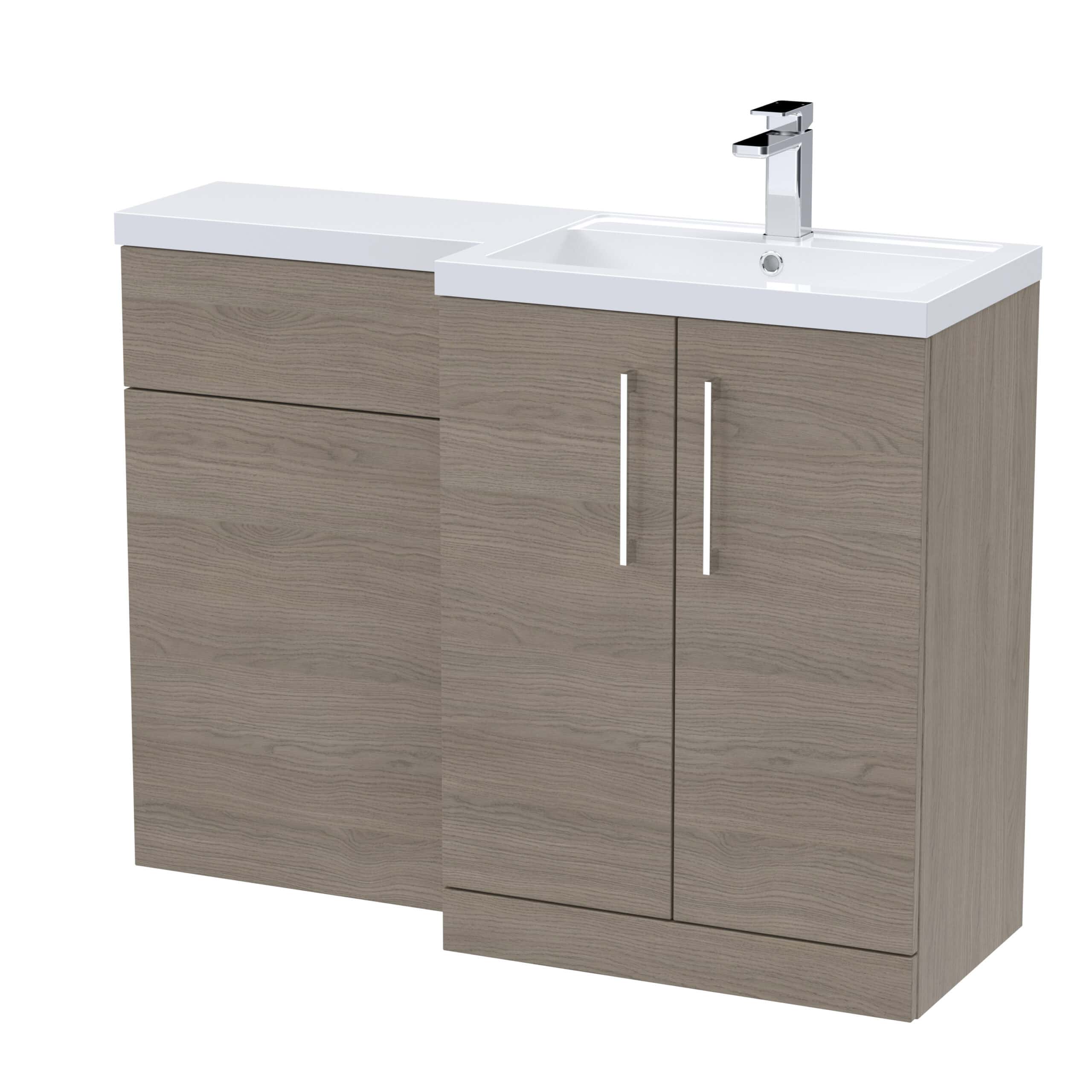 Modern bathroom vanity unit with integrated sink and chrome tap, featuring wood grain finish and sleek silver handles, ideal for contemporary bathroom designs.