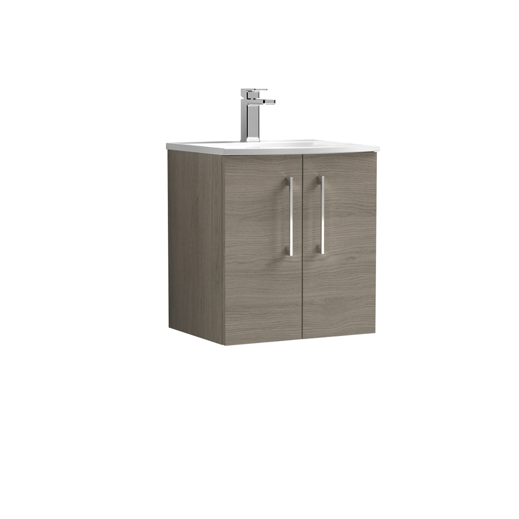 Modern bathroom vanity unit with integrated sink, wooden finish, and chrome handle hardware - ideal for contemporary bathroom décor.