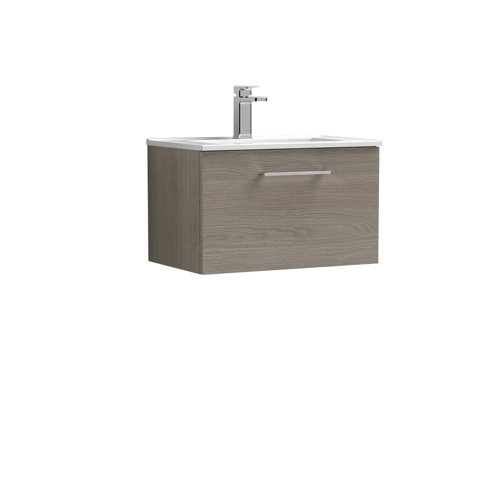 Modern wooden bathroom vanity with integrated sink and chrome faucet, ideal for contemporary bathroom designs.