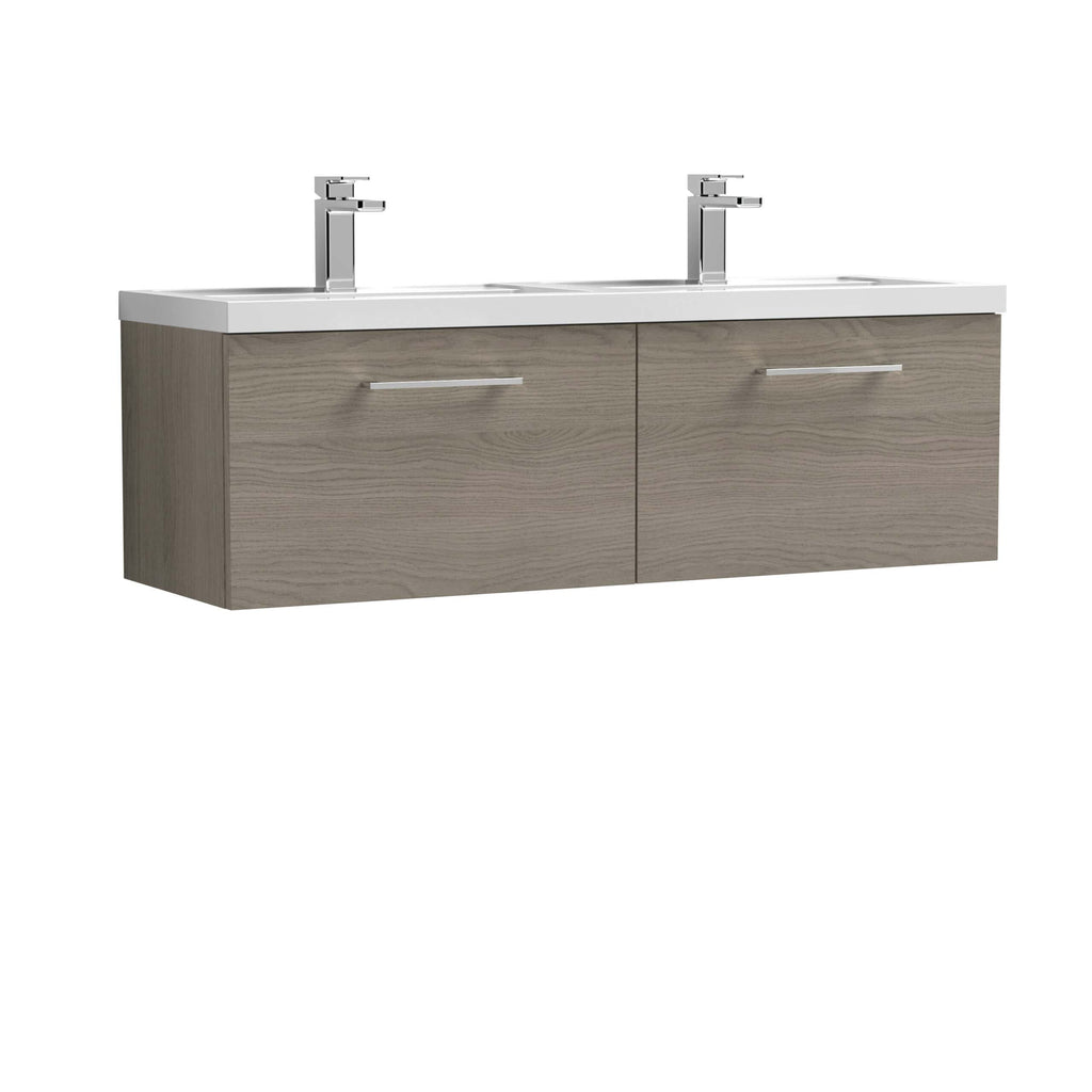 Contemporary double vanity bathroom unit with two chrome taps and storage drawers, ideal for modern bathrooms, combining style and functionality.