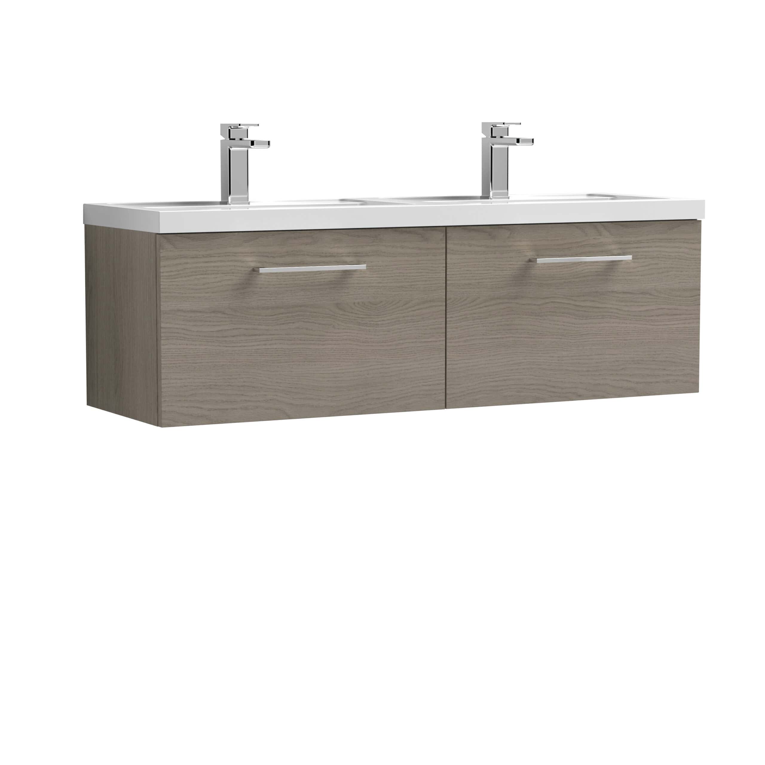 Contemporary double vanity bathroom unit with two chrome taps and storage drawers, ideal for modern bathrooms, combining style and functionality.