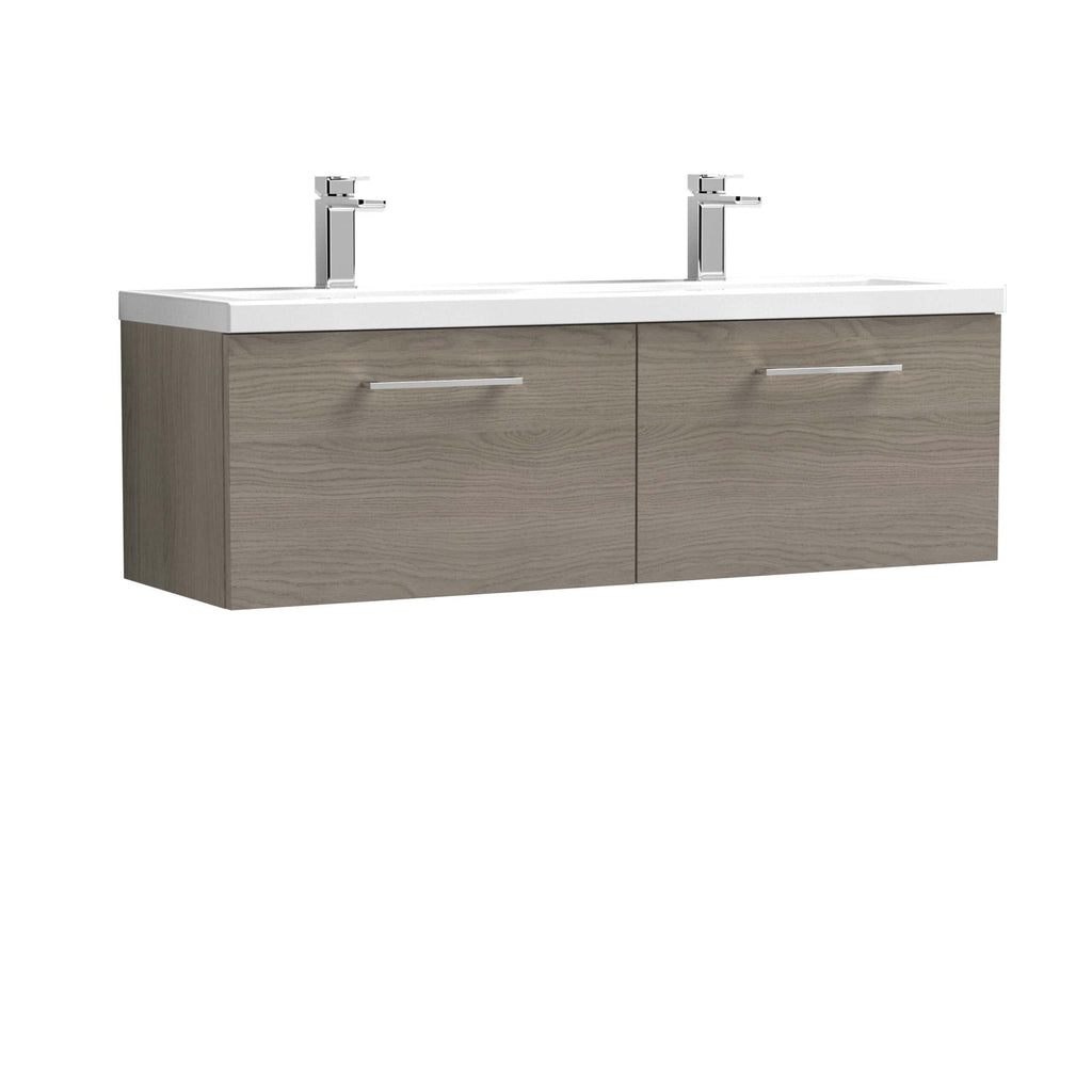 Sleek double bathroom vanity unit with two modern chrome-finished taps, minimalist design, and ample storage in light wood finish, ideal for contemporary bathrooms.