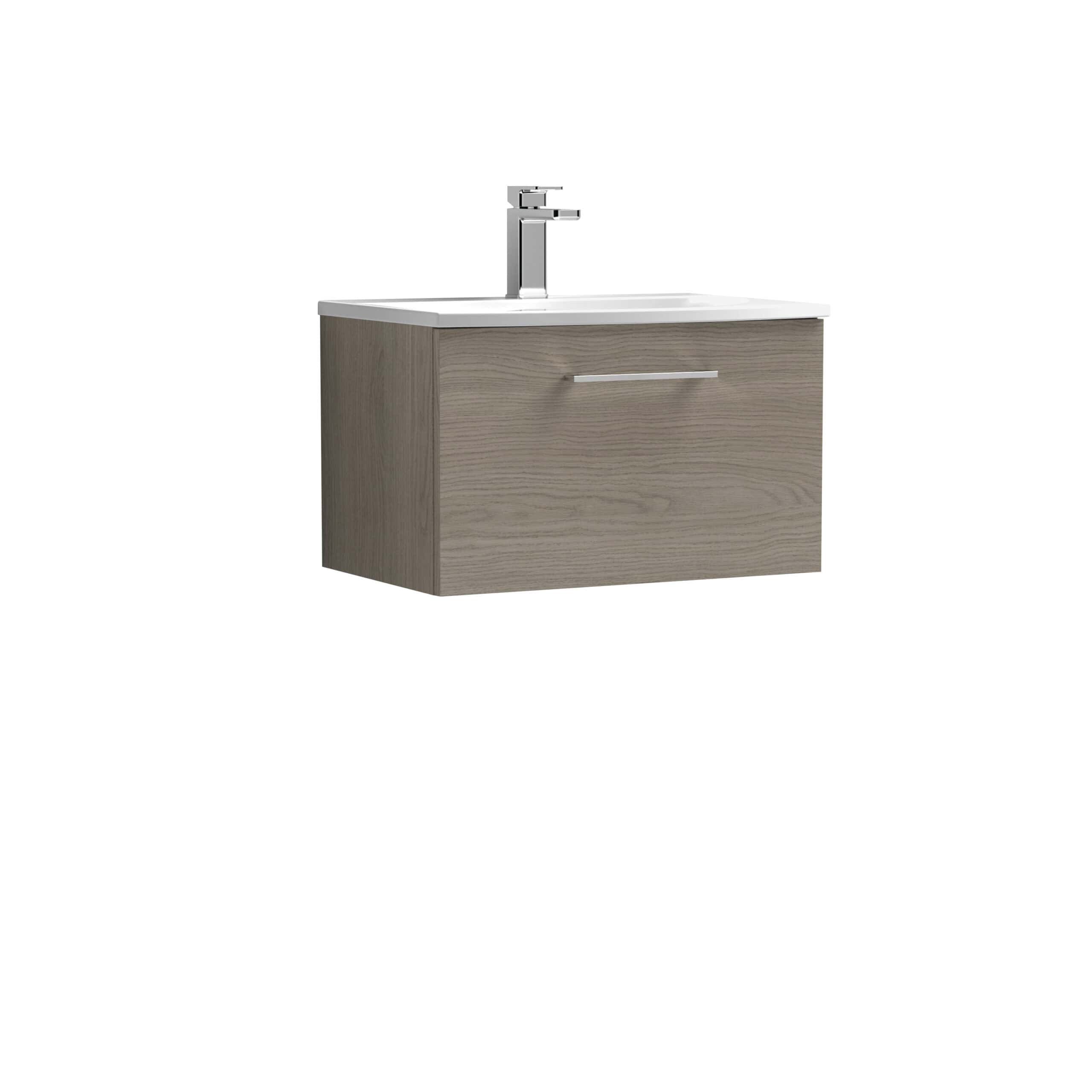 Sleek modern bathroom vanity with integrated sink and chrome faucet, featuring a light wood finish and minimalist design, ideal for contemporary bathroom decor.