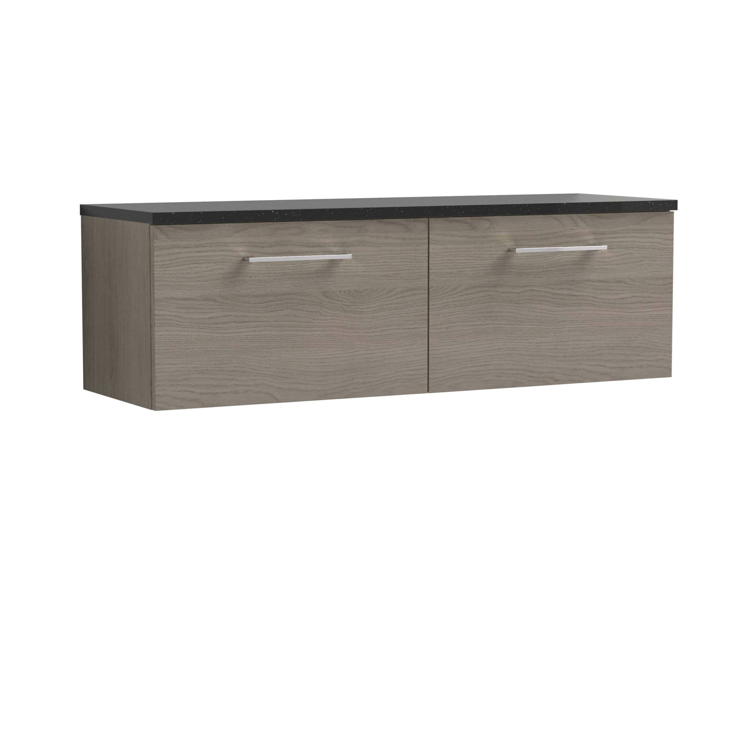 Sleek floating bathroom cabinet with a black stone top, modern silver handles, and a natural wood finish, perfect for contemporary bathrooms.