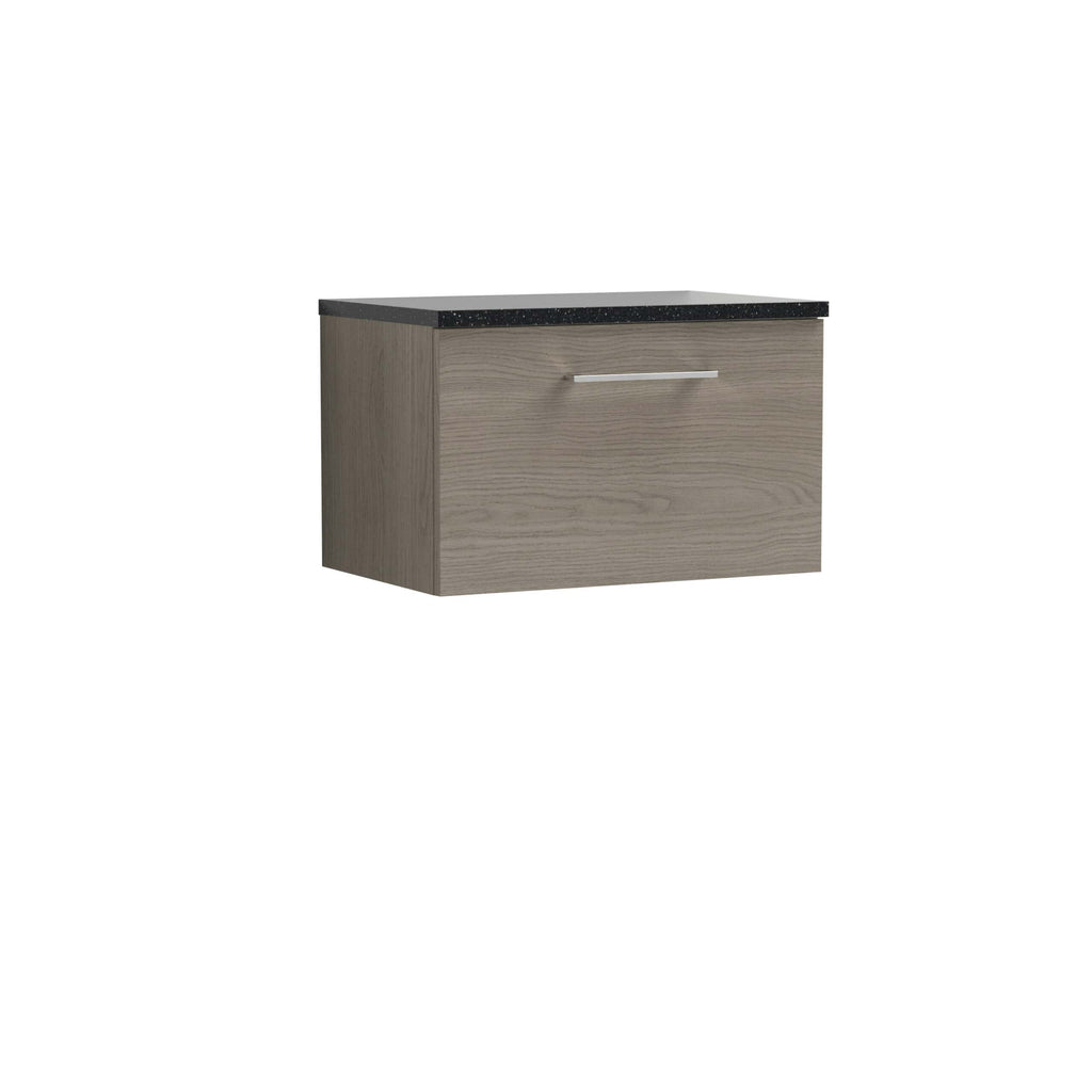 Sleek beige bathroom vanity with black granite countertop and modern silver handle, ideal for contemporary bathroom designs.