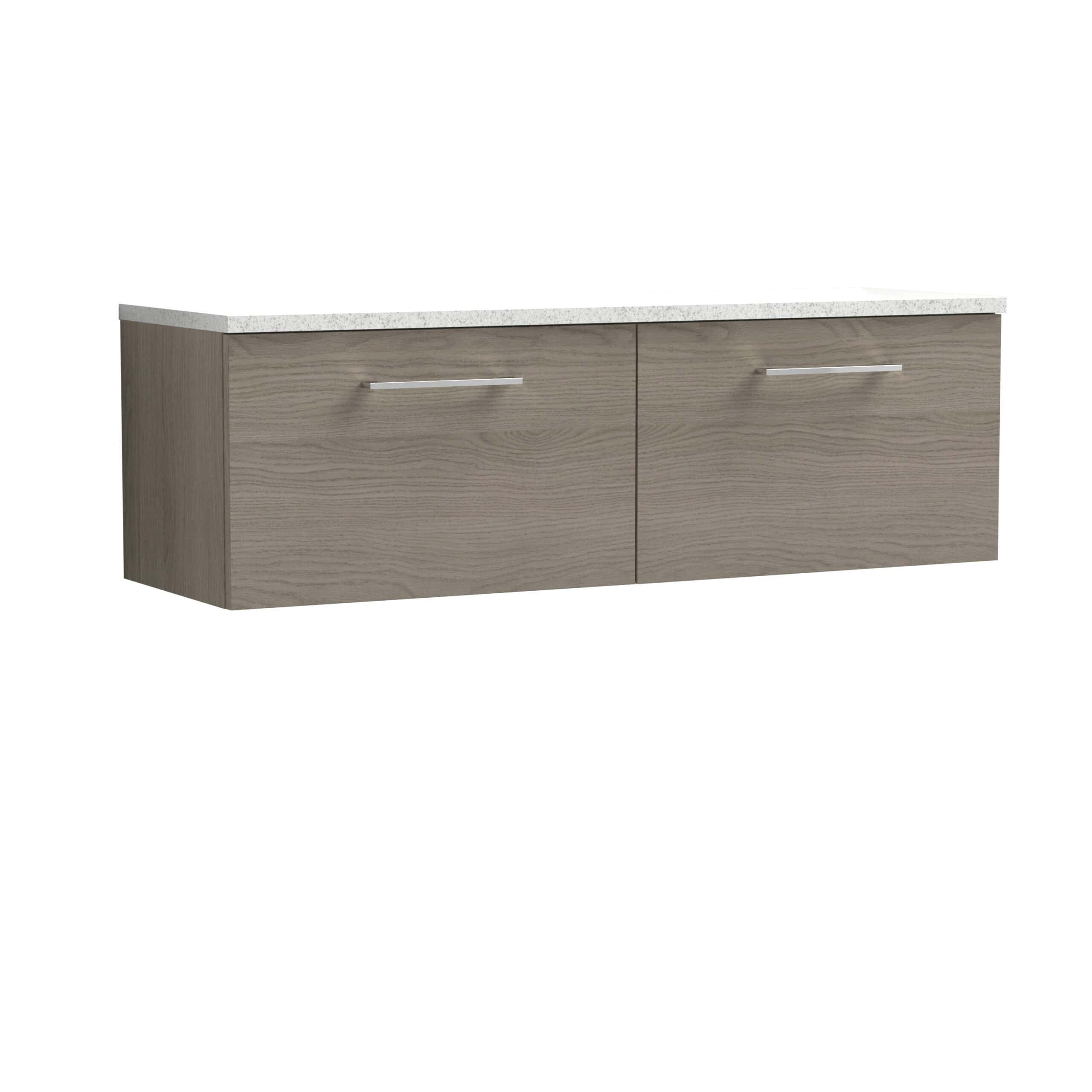 Modern grey wood bathroom vanity with sleek handleless cabinets and white speckled composite countertop, ideal for contemporary bathroom decor.