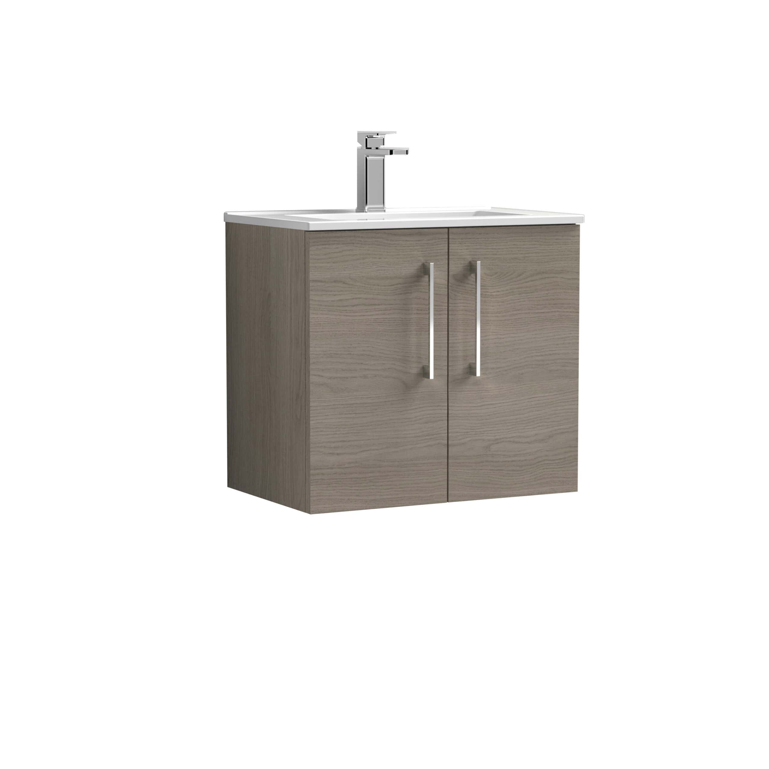 Sleek modern bathroom vanity with integrated sink and chrome tap, featuring a light wood finish and ample storage cabinet space, perfect for contemporary bathroom design.
