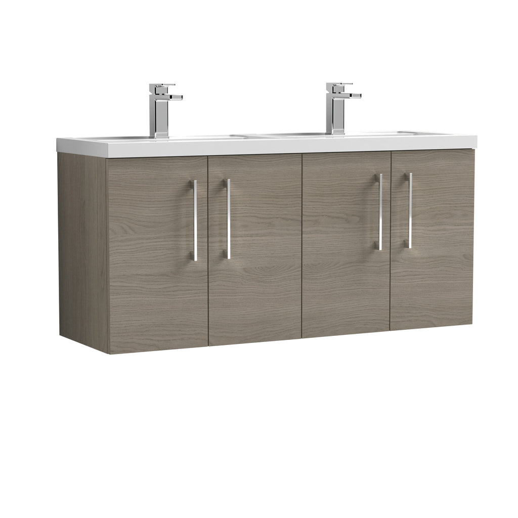 Sleek double bathroom vanity unit with double sinks and modern chrome taps, finished in light wood with silver handles for contemporary bathroom style.