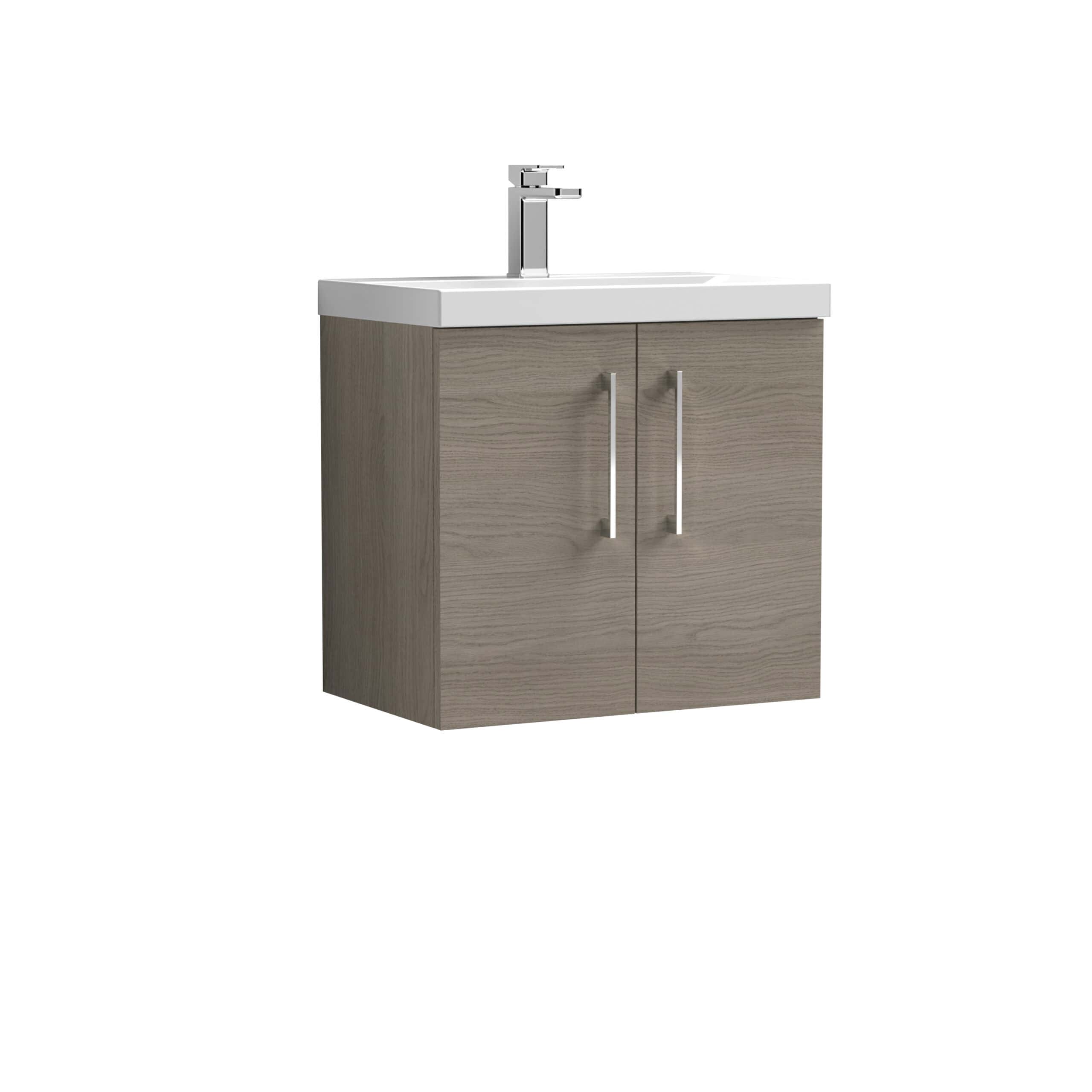 Modern bathroom vanity unit with a sleek wood finish, integrated white ceramic sink, and contemporary chrome tap, ideal for stylish bathroom renovation and storage solutions.