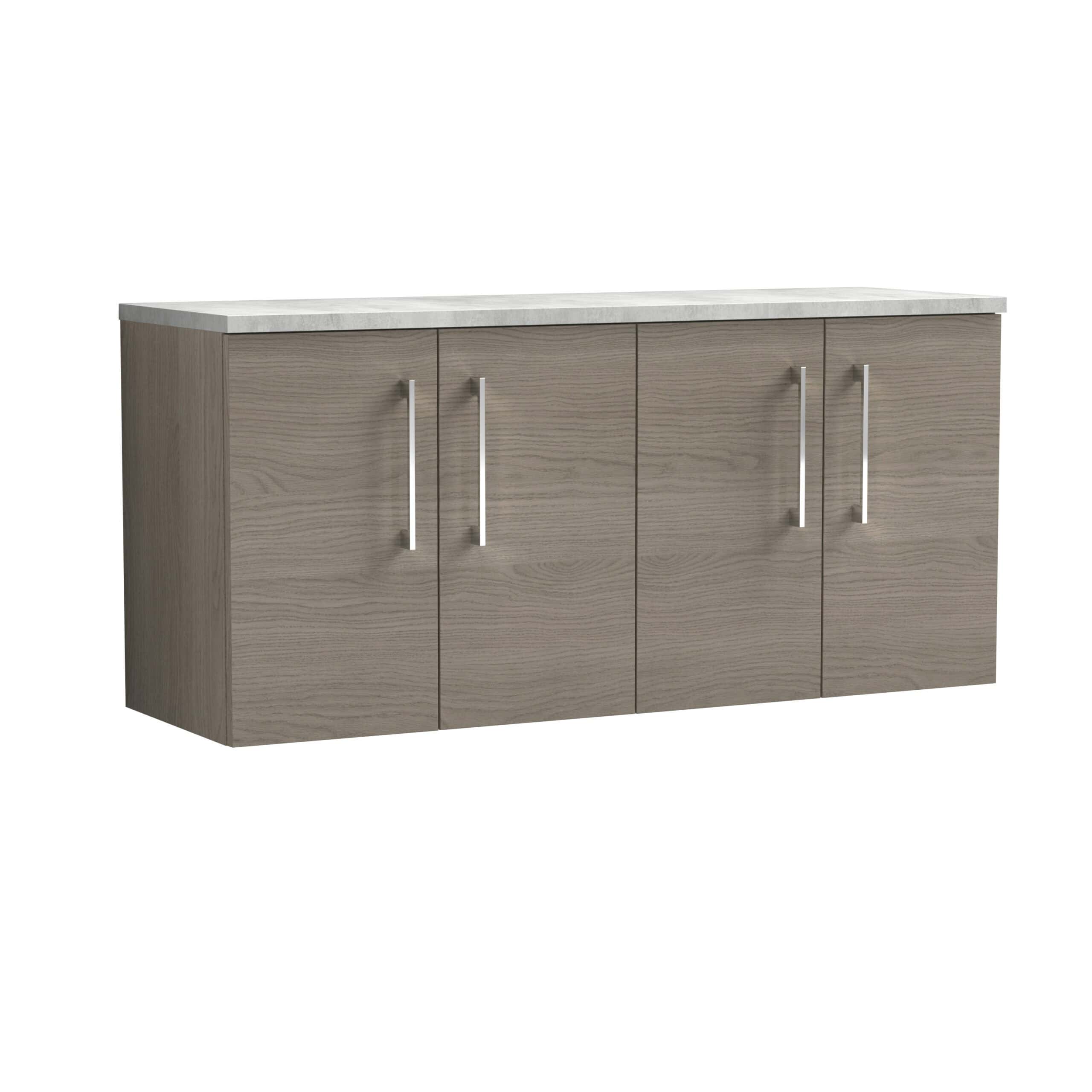 Modern grey bathroom storage cabinet with durable wood finish and sleek silver handles, ideal for bathroom organisation and stylish interior design.