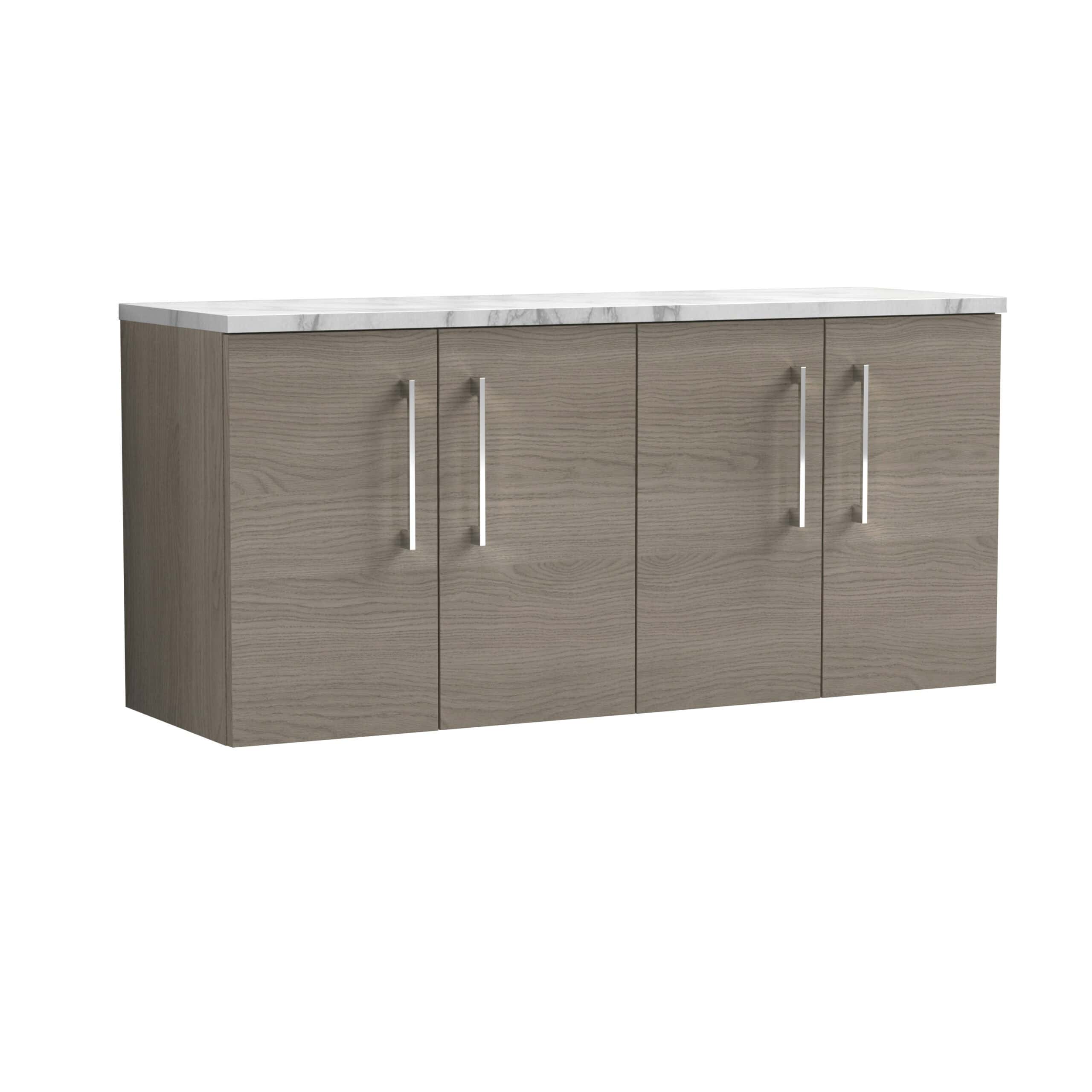 Sleek modern bathroom sideboard with four storage cabinets, finished in light wood with a white marble top, ideal for bathroom organisation and stylish decor.