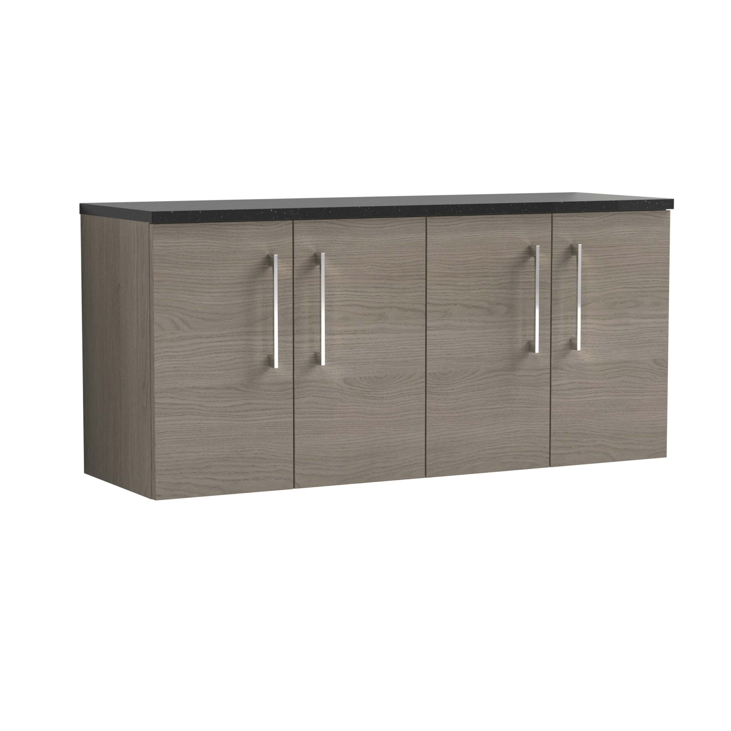Sleek bathroom cabinet with a dark stone countertop and light wood finish, ideal for modern bathroom storage and organisation, featuring durable handles and a contemporary design.