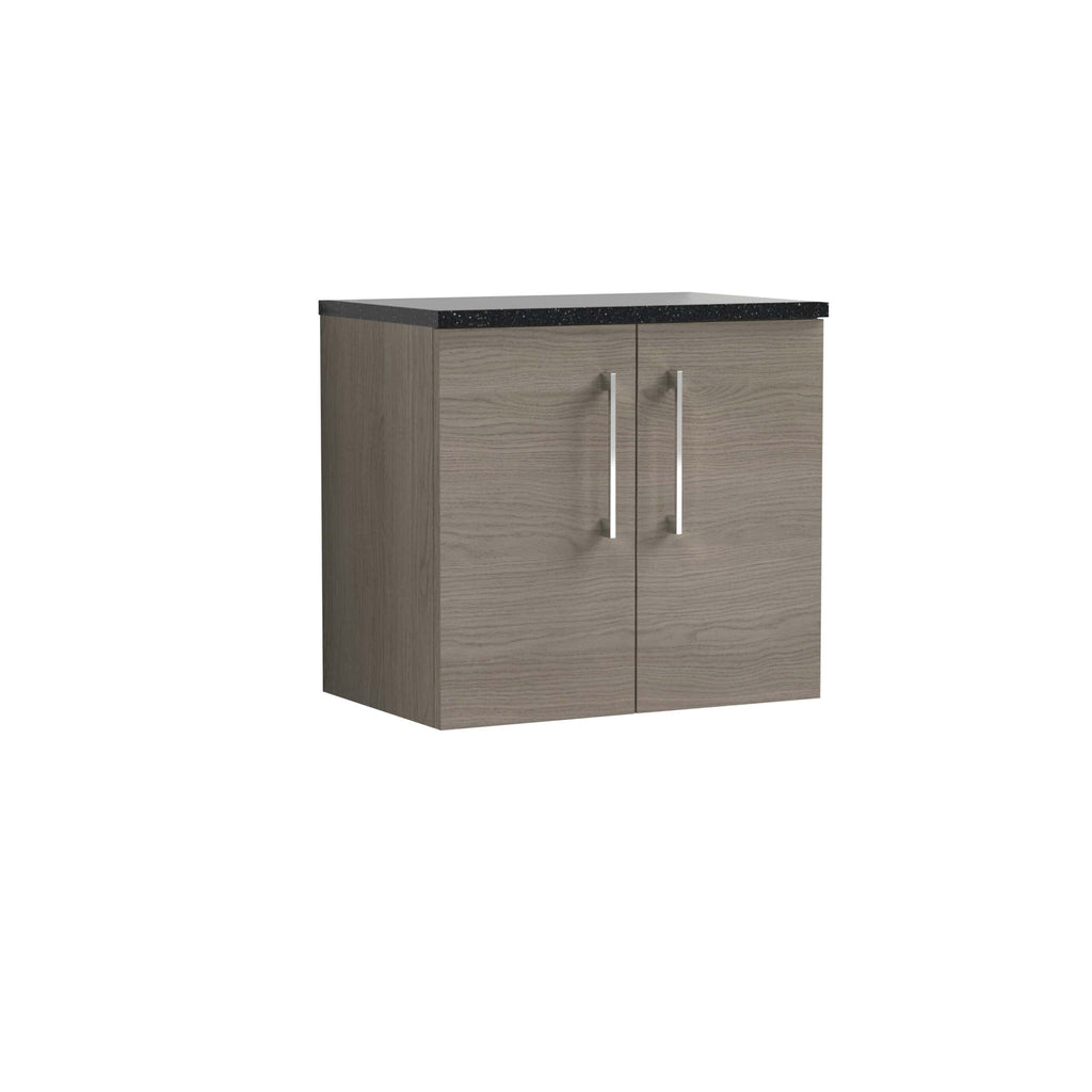 Modern beige bathroom cabinet with black countertop, sleek metal handles, ideal for contemporary bathroom storage solutions.