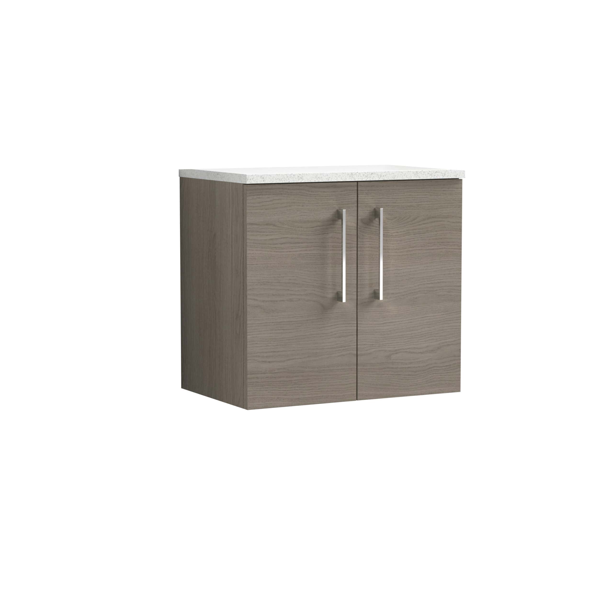 Modern wooden bathroom cabinet with a white stone top for contemporary bathroom storage solutions.