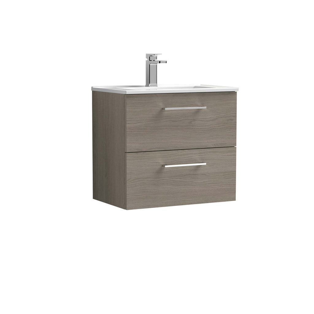 Sleek wood-effect bathroom vanity unit with integrated sink and modern chrome handles, perfect for contemporary bathroom designs.