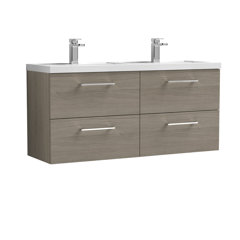 Sleek double sink bathroom vanity with wood finish and modern chrome faucets, ideal for contemporary bathrooms seeking stylish storage solutions.