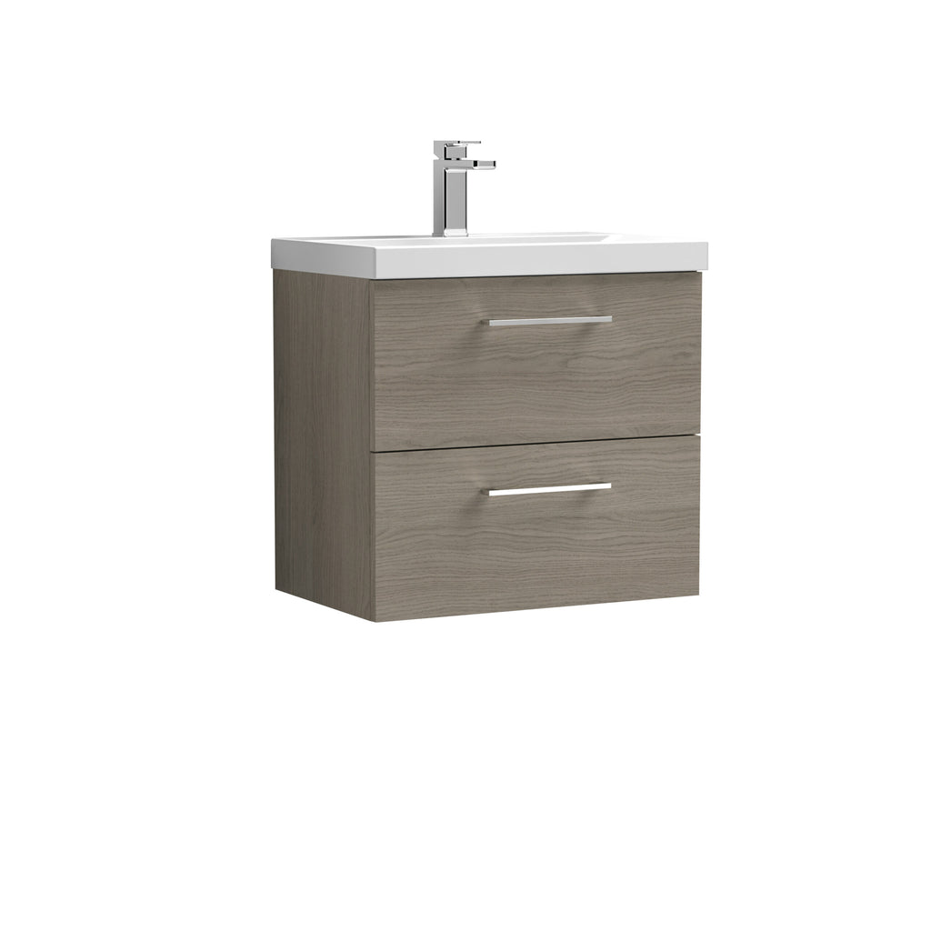 Modern wood-effect bathroom vanity unit with integrated sink and chrome handle drawer for stylish bathroom storage.