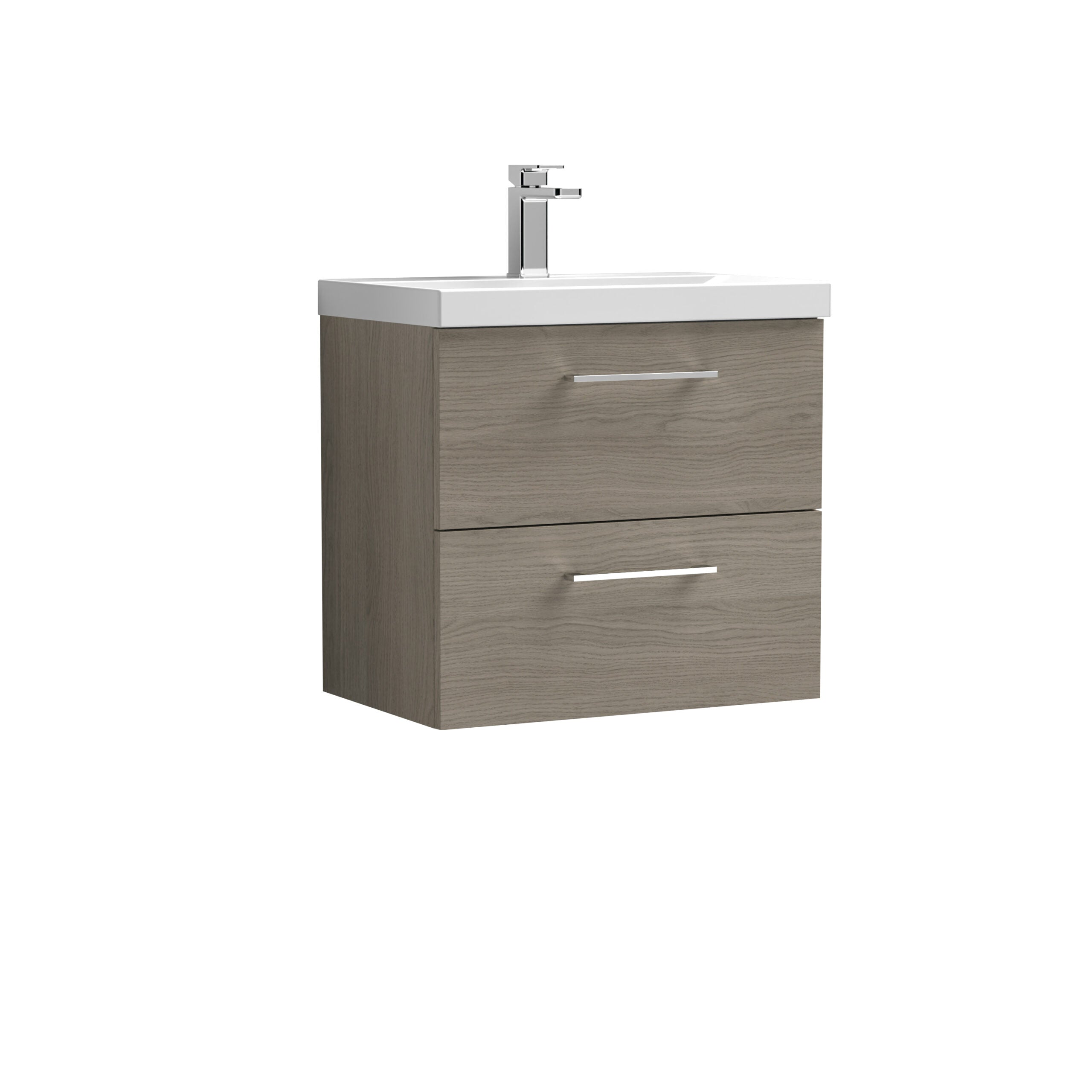 Modern wood-effect bathroom vanity unit with integrated sink and chrome handle drawer for stylish bathroom storage.