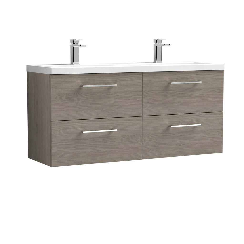 Double bathroom vanity with two sinks, modern wood finish cabinets, and chrome handles, perfect for contemporary bathrooms.