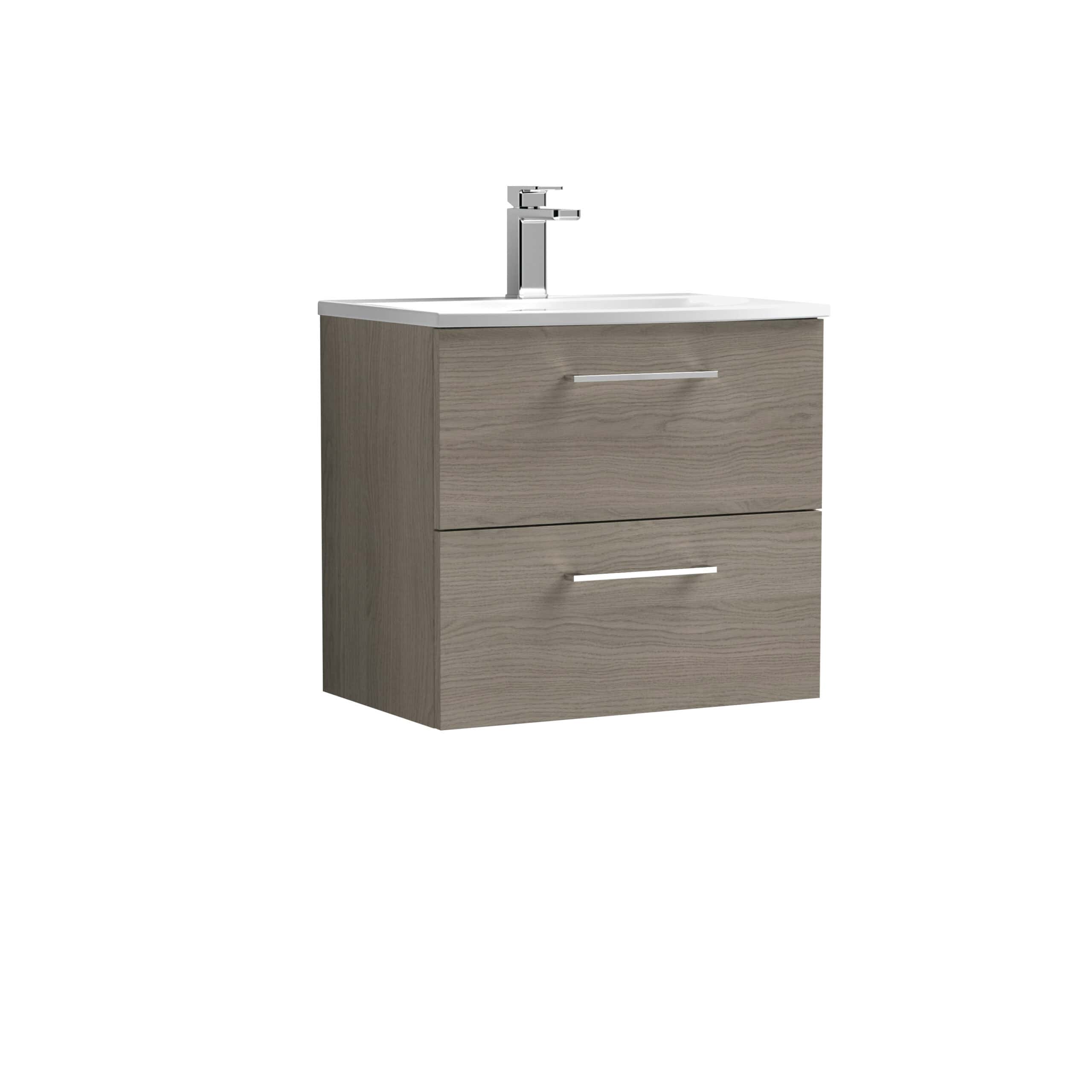 Sleek modern bathroom vanity unit with integrated sink featuring a light wood finish, chrome handles, and a contemporary design ideal for stylish bathroom spaces.