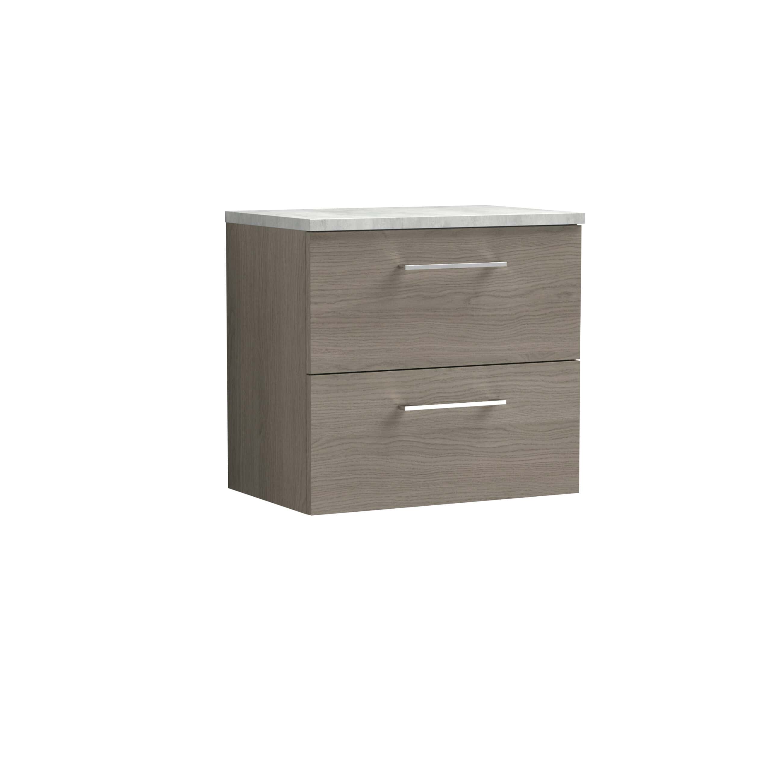 Stylish modern bathroom vanity unit with two drawers, woodgrain finish, and marble top, ideal for contemporary bathroom storage solutions for optimal organisation and design.