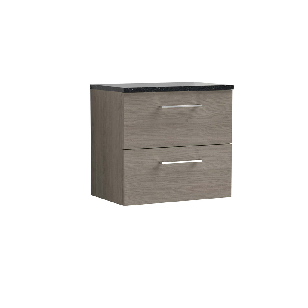 Contemporary double drawer bathroom vanity unit with a black granite top and modern silver handles, ideal for sleek bathroom storage solutions.