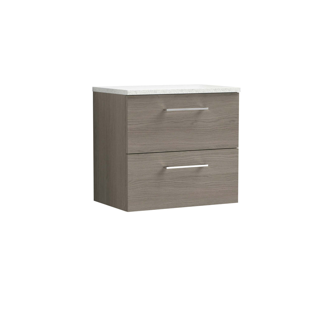 Modern grey bathroom vanity unit with two drawers and white stone top, ideal for contemporary bathroom storage solutions.