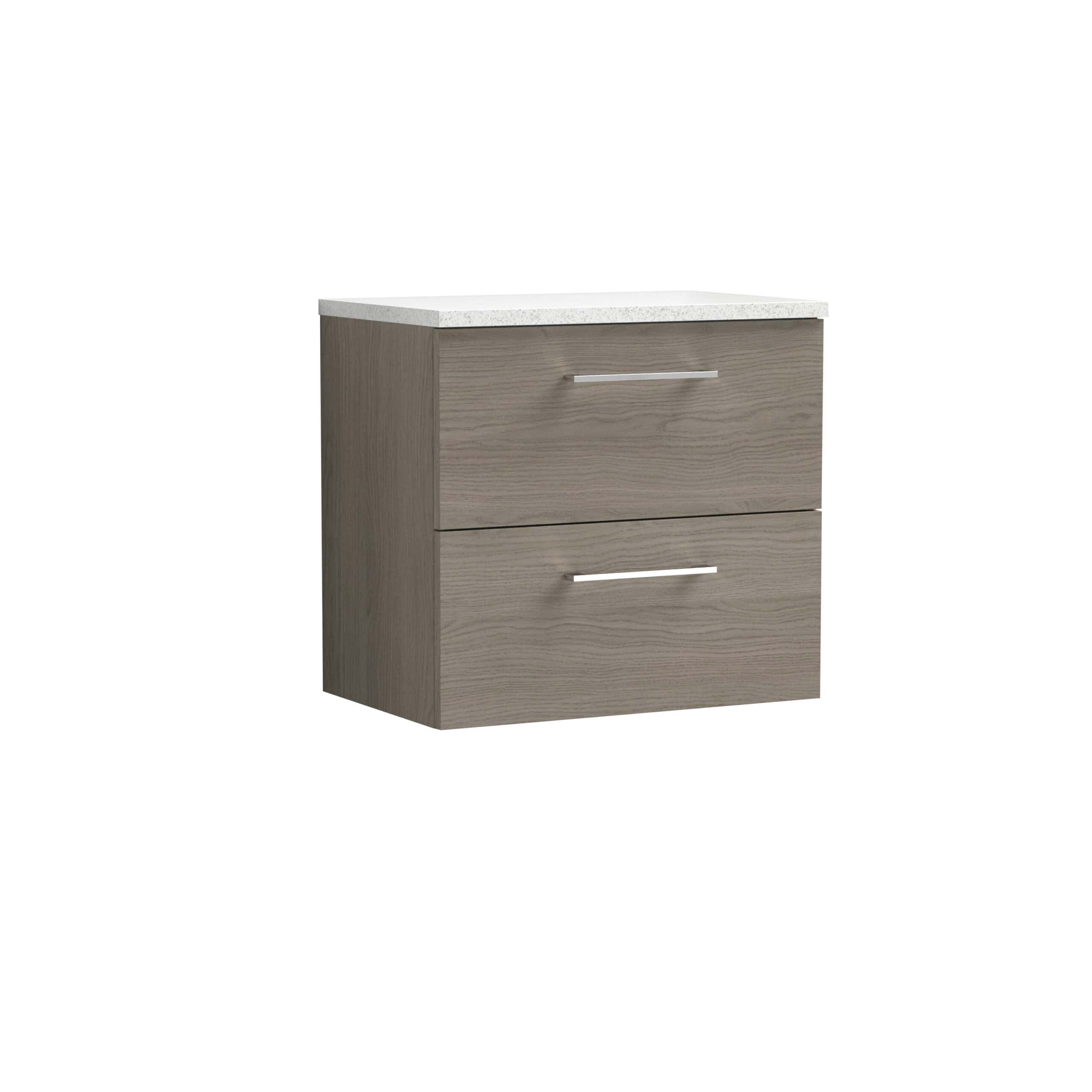 Modern grey bathroom vanity unit with two drawers and white stone top, ideal for contemporary bathroom storage solutions.