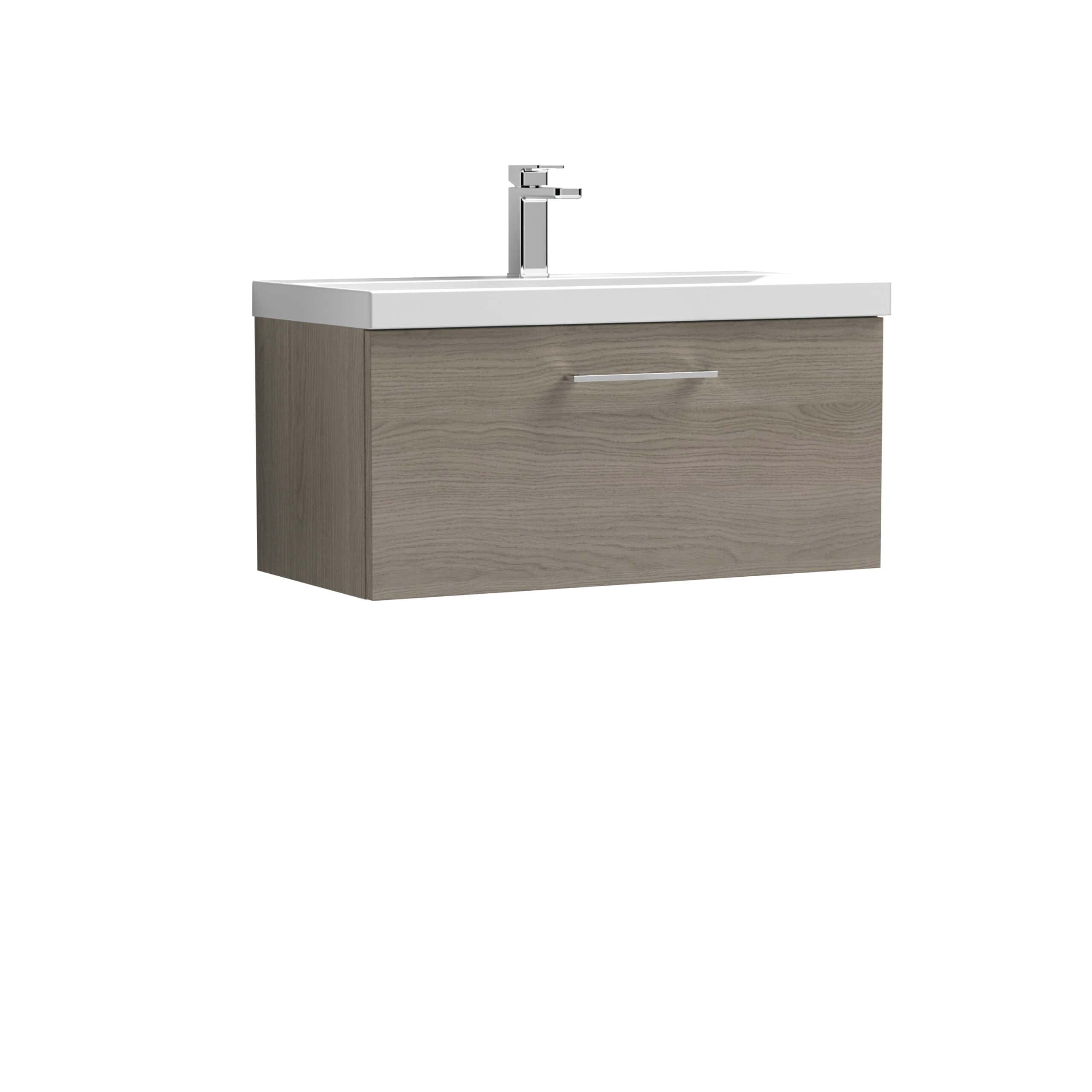 Sleek wall-mounted bathroom vanity with integrated sink and modern chrome tap, featuring wood finish cabinet for stylish bathroom storage solutions.