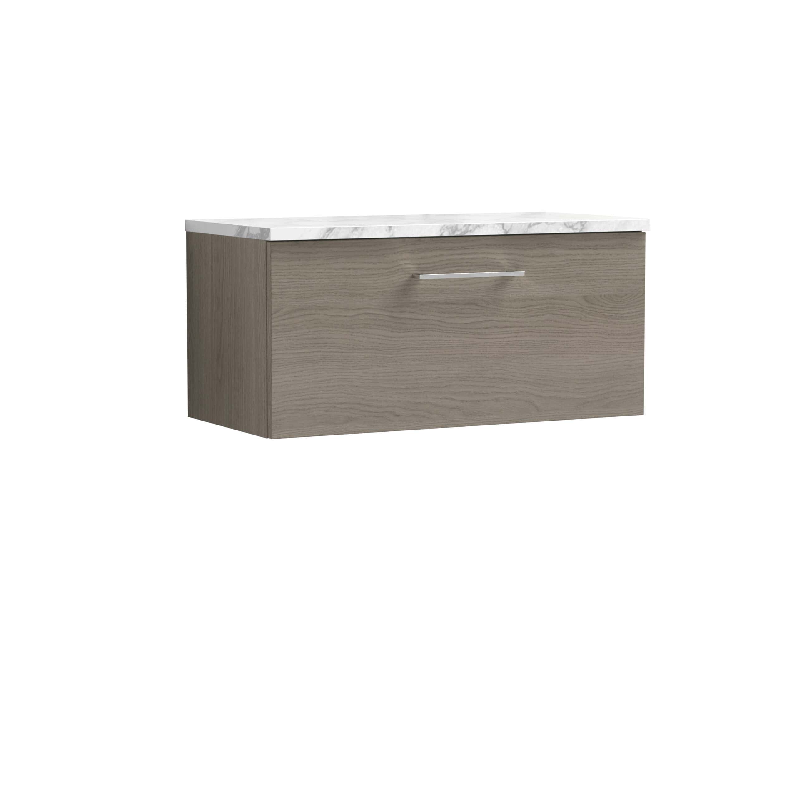 Modern bathroom vanity with grey wood finish and white marble top, ideal for contemporary bathrooms. Features a sleek handle and ample storage space, perfect for stylish organisation.