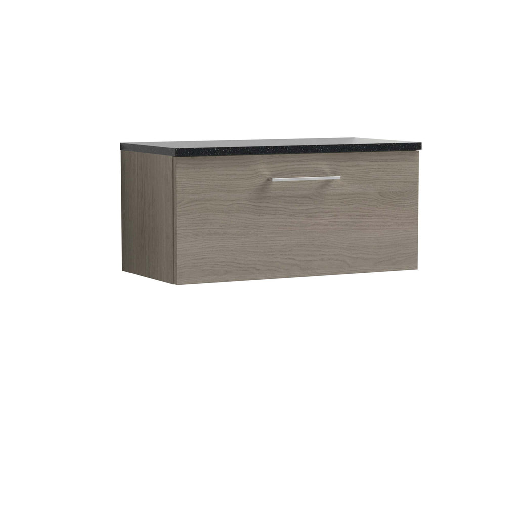 Modern wall-mounted bathroom vanity with natural wood finish and black granite countertop, ideal for contemporary bathroom designs.