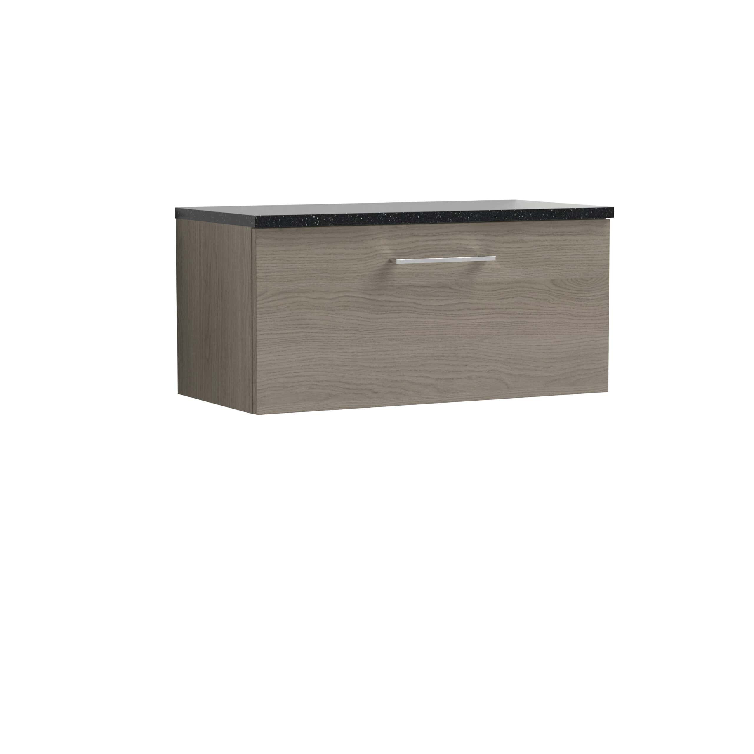 Modern wall-mounted bathroom vanity with natural wood finish and black granite countertop, ideal for contemporary bathroom designs.