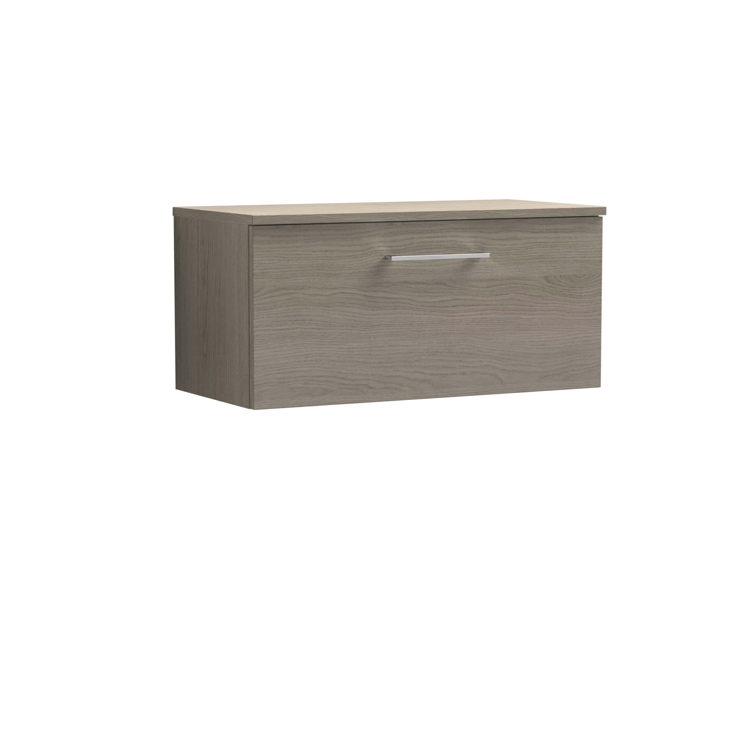 Sleek modern wall-mounted bathroom storage cabinet in light oak finish with a single handle drawer, ideal for contemporary bathrooms. Perfect for organised and stylish bathroom environments.