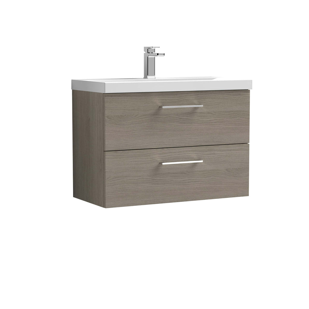 Modern bathroom vanity with natural wood finish and integrated sink, minimalist design, with chrome handles, ideal for contemporary bathroom décor.