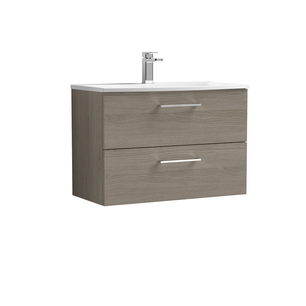 Modern wooden bathroom vanity with integrated white ceramic sink and chrome faucet, ideal for contemporary bathroom decor.