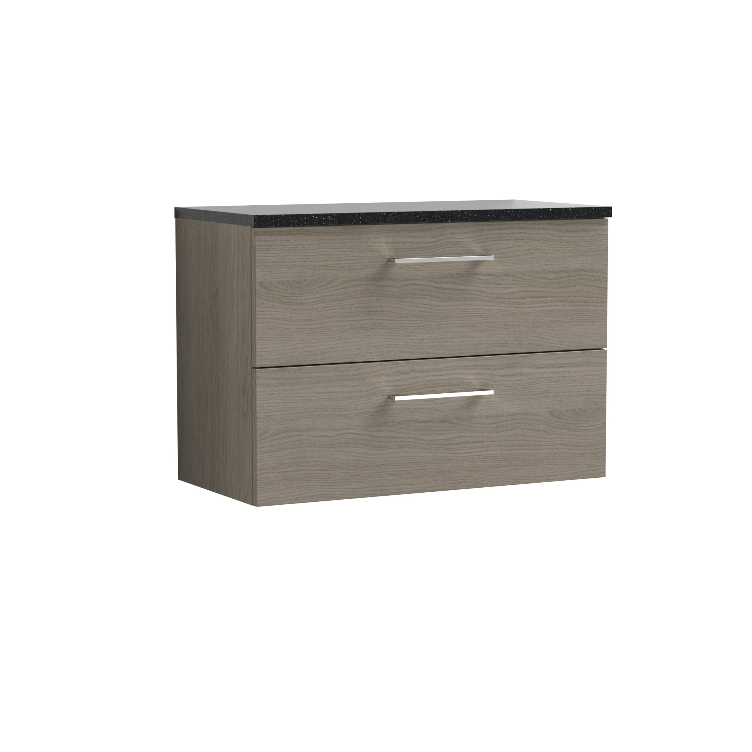 Modern beige wooden bathroom vanity with a black granite top, two spacious drawers, and sleek silver handles, ideal for contemporary bathroom storage solutions.