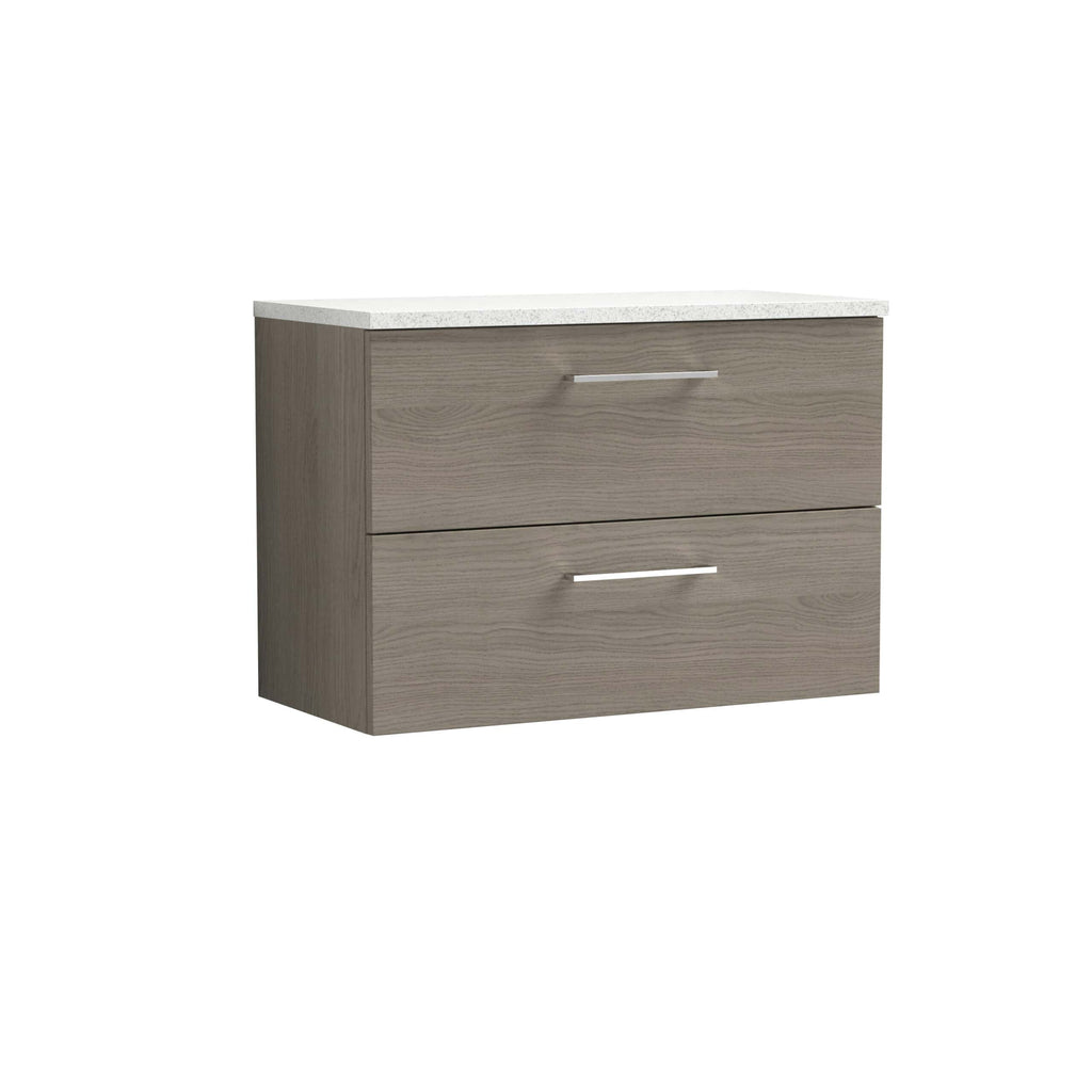 Contemporary grey wooden bathroom vanity with two spacious drawers and a white marble countertop, ideal for modern bathroom storage solutions.