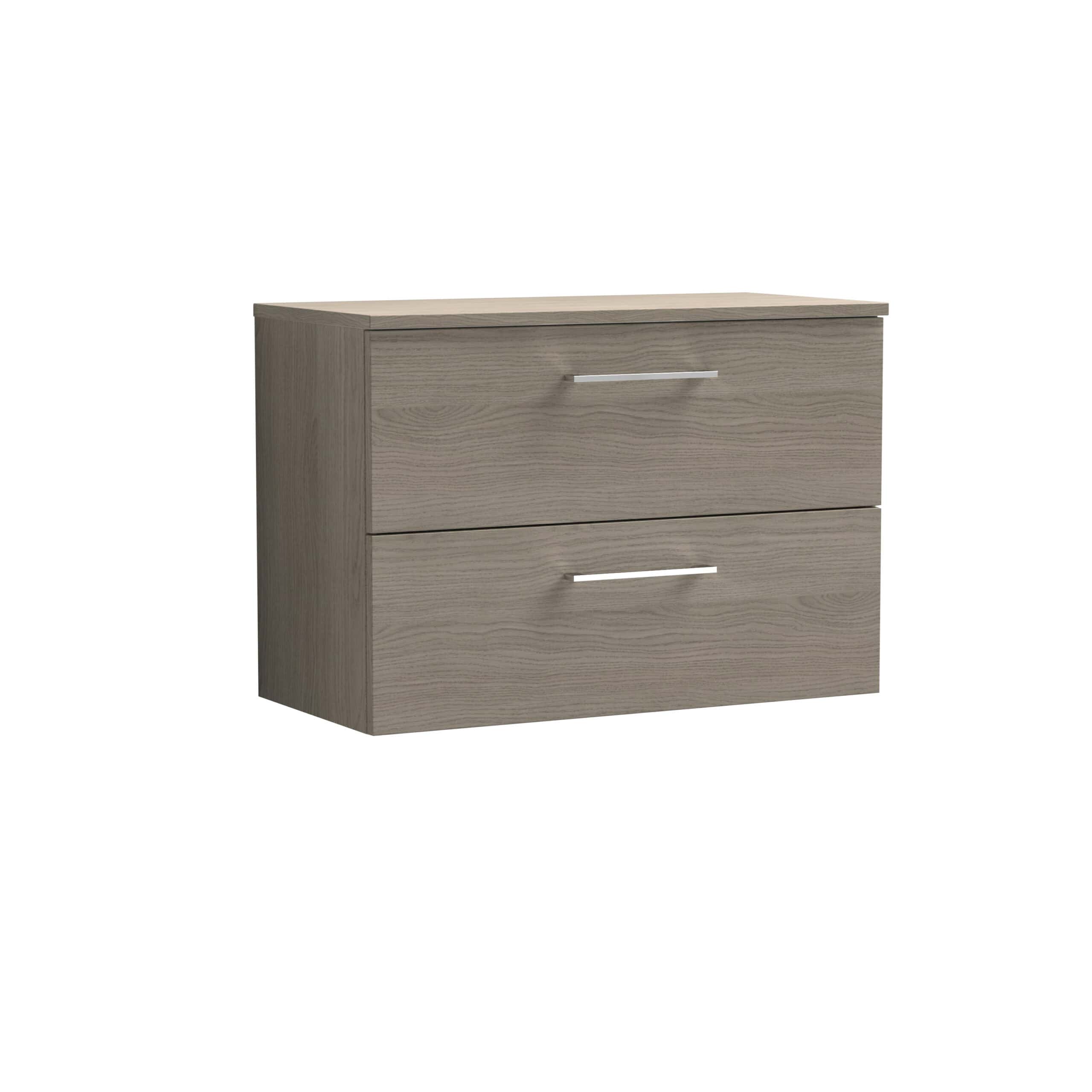 Stylish grey bathroom vanity unit with two spacious drawers and sleek chrome handles, perfect for modern bathroom storage solutions.
