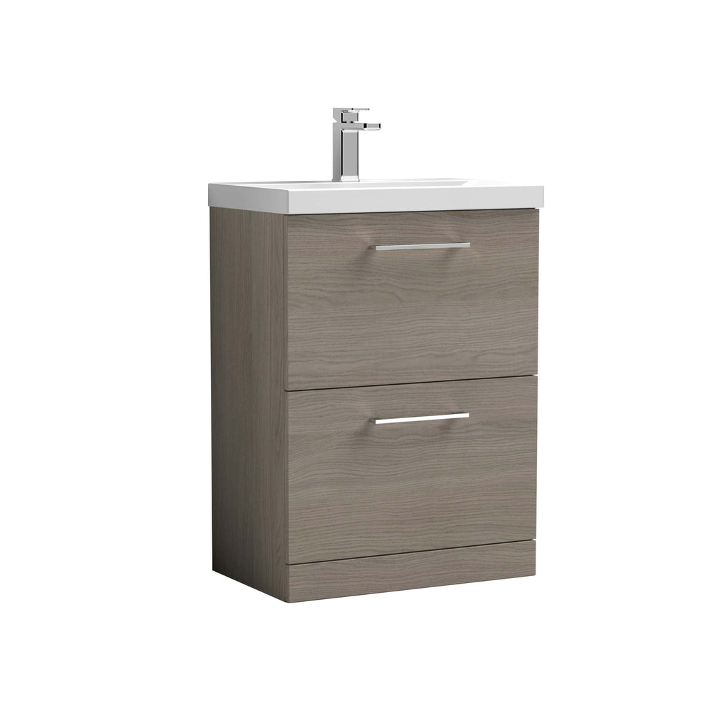 Modern bathroom vanity with integrated sink, light wood finish, and chrome handles, ideal for contemporary bathroom designs. Perfect storage solution for bathroom essentials.